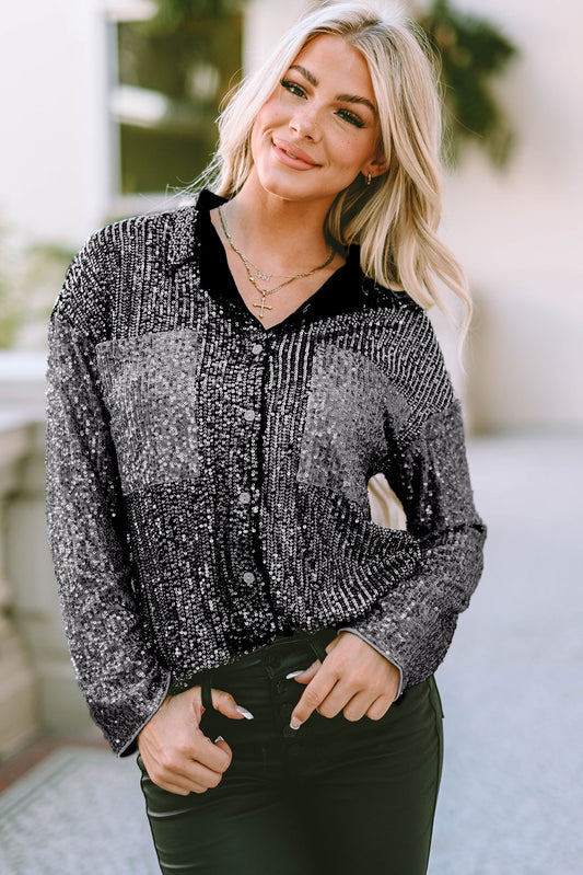 Gray Sequin Color Block Patch Pocket Shirt