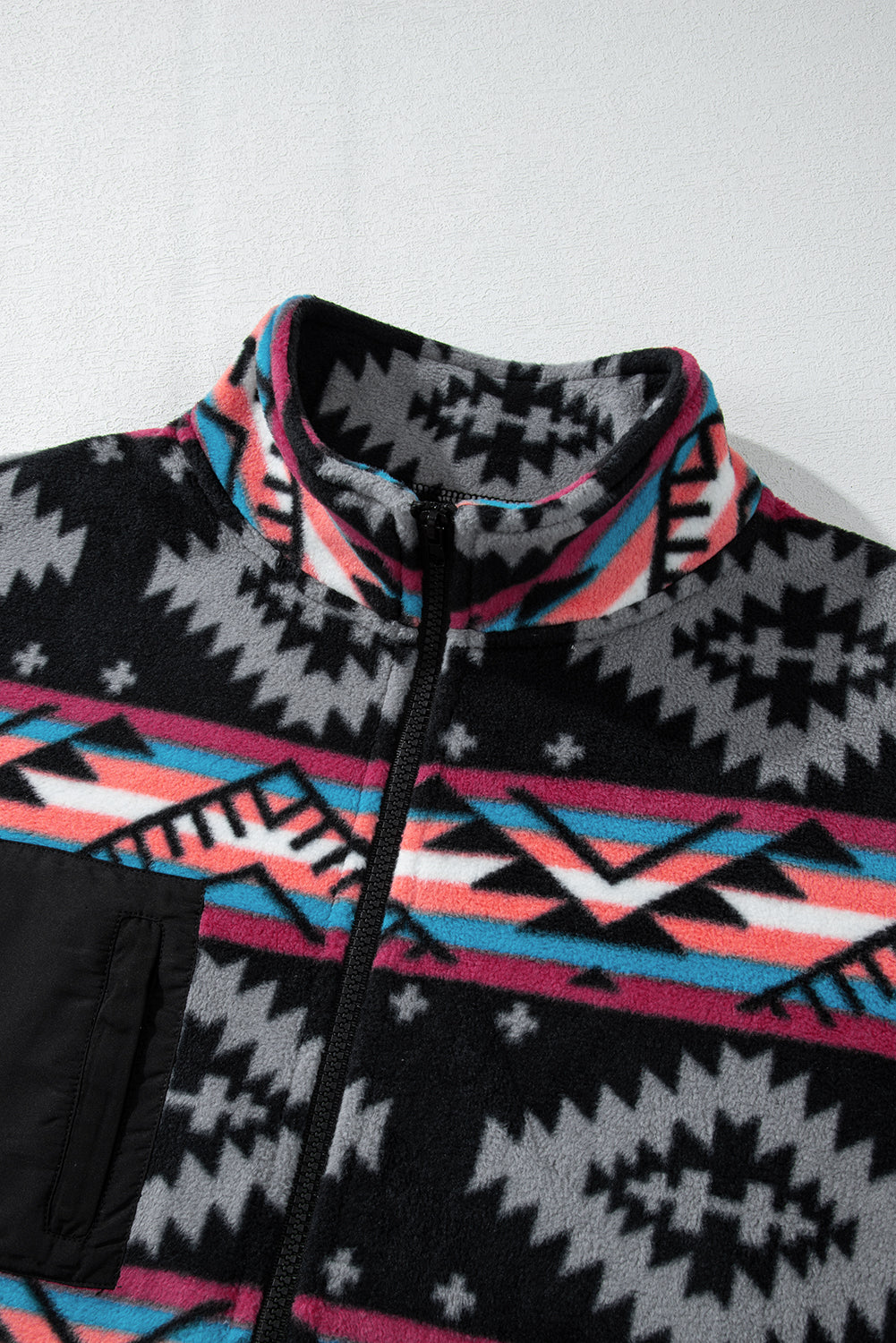 Black Aztec Printed Zip Up Collar Jacket