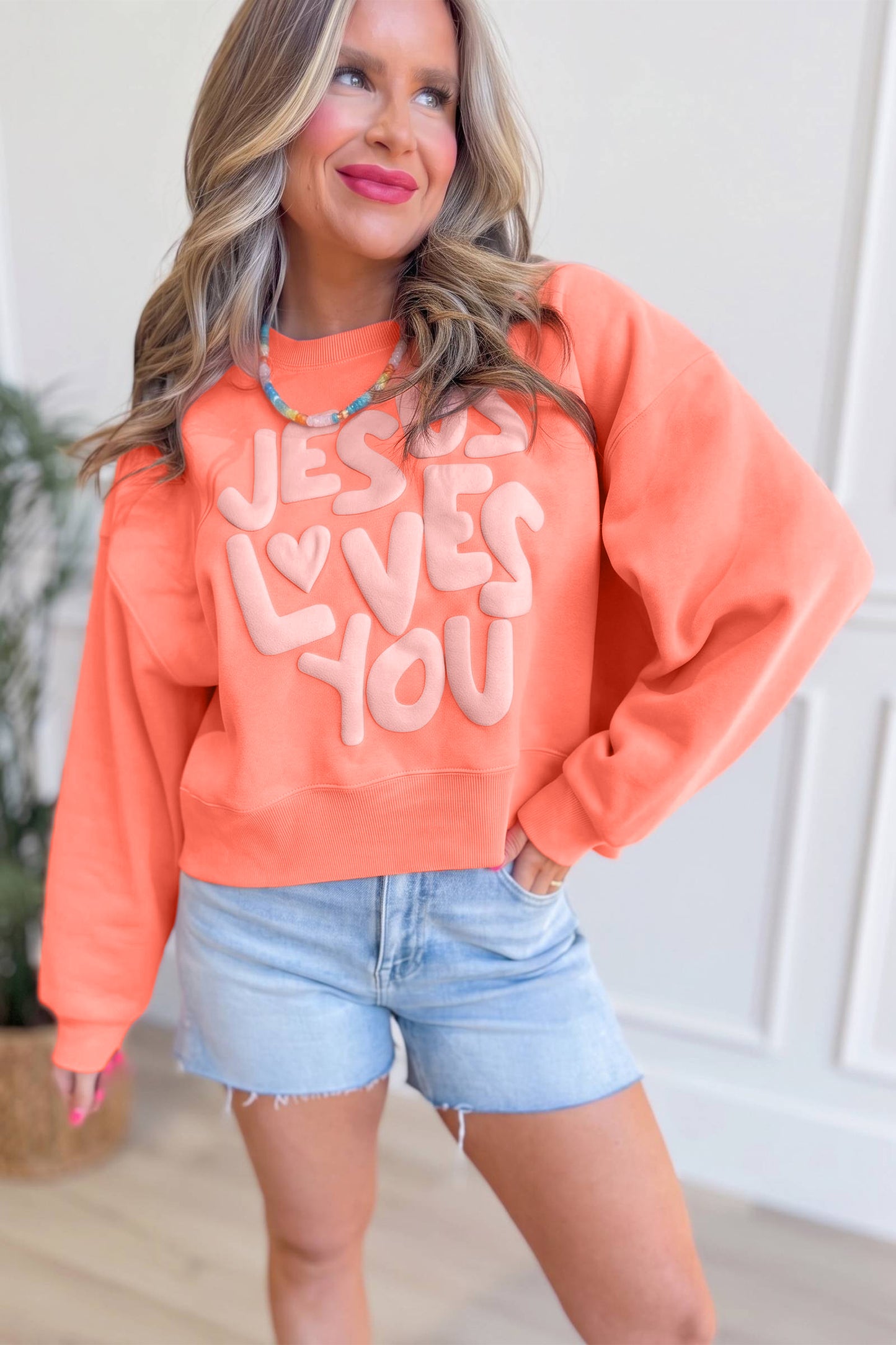Grapefruit Orange JESUS LOVES YOU Puffy Letter Graphic Sweatshirt