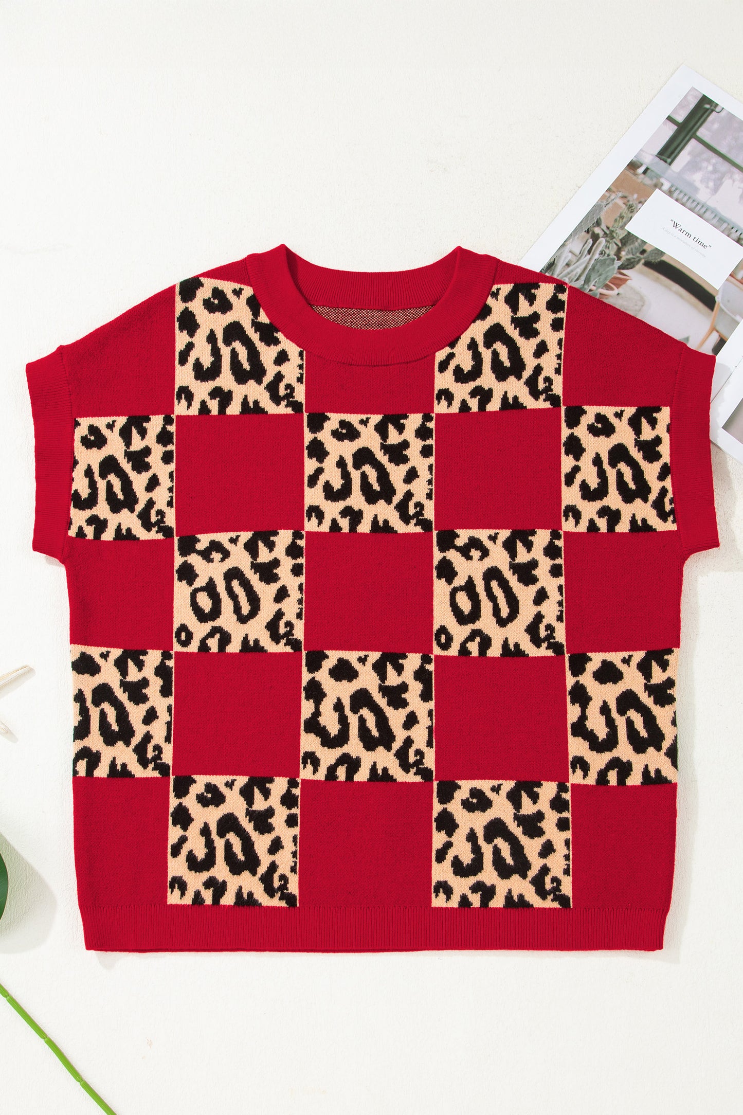 Green Leopard Checkerboard Short Sleeve Knit Sweater