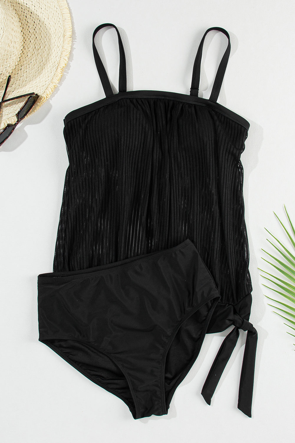 Pink Striped Mesh Knotted Hem Tankini Swimsuit