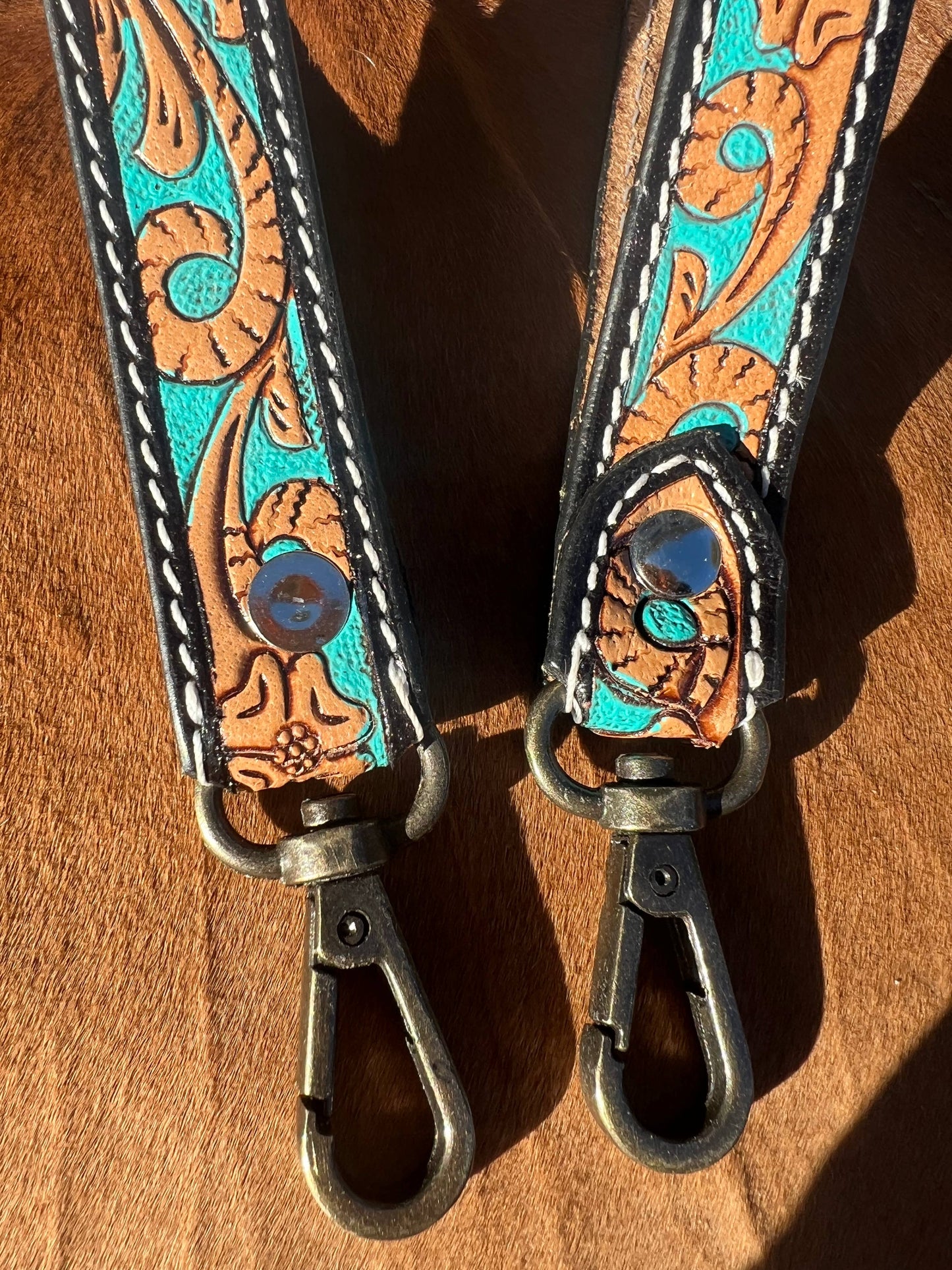 Tooled Leather Western Wrist Strap Keychain Turquoise Scroll