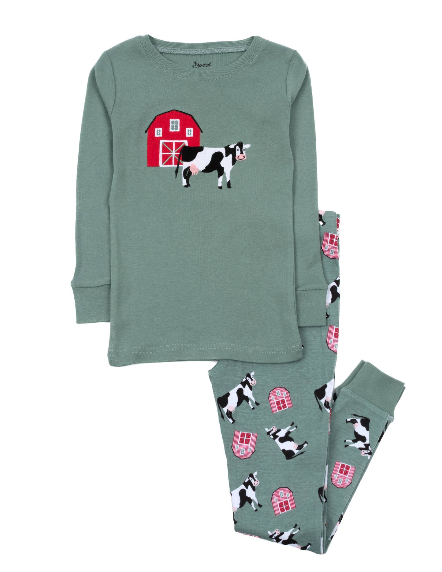 Kids Two Piece Cotton Pajamas Cow Green