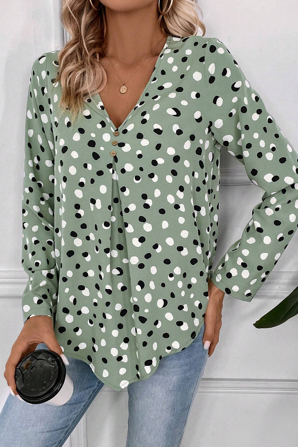 White Polka Dot Print Button Front V Neck Blouse