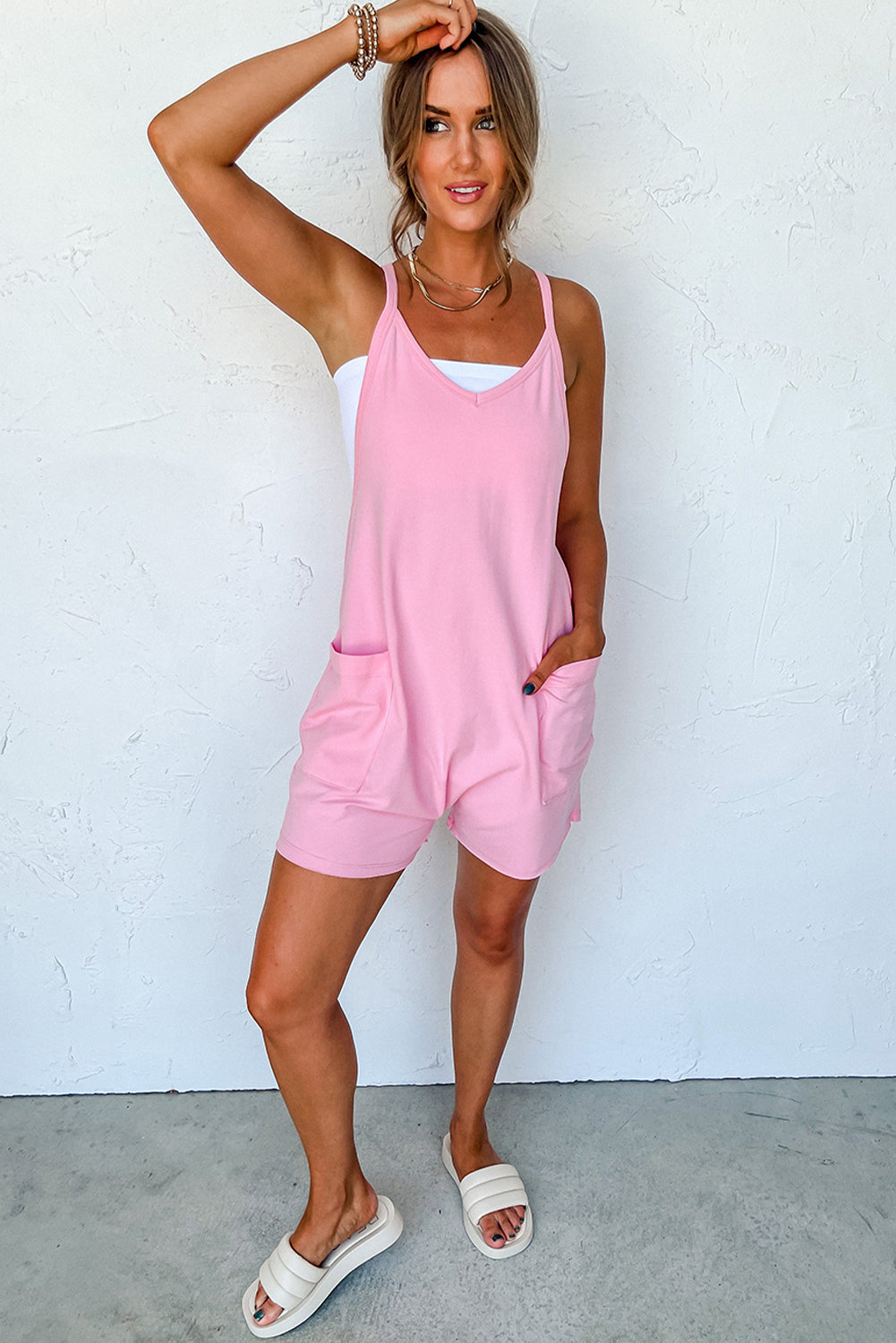 Pink Spaghetti Straps V Neck Jersey Romper