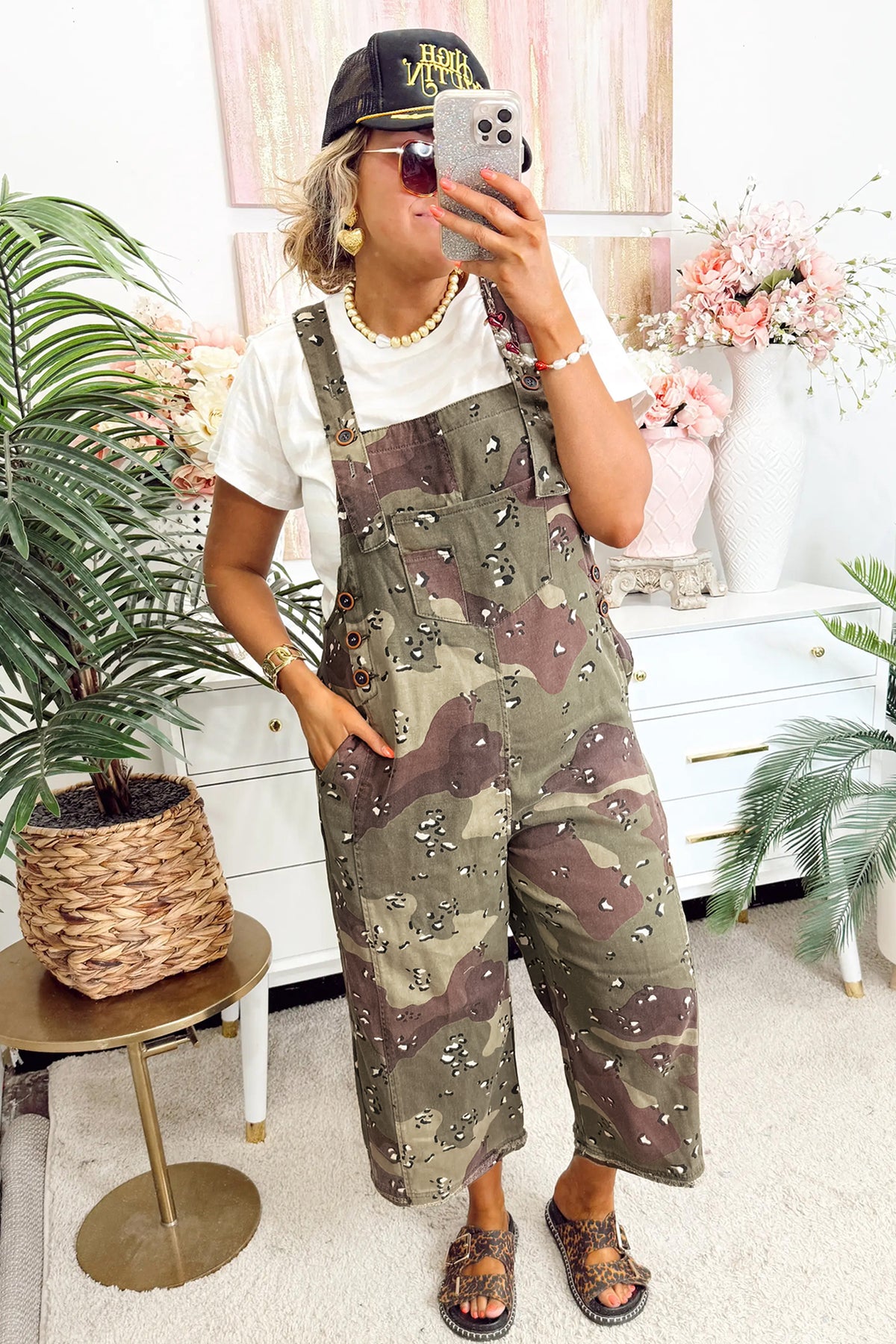 Green Camouflage Print Leopard Detail Loose Denim Overall Cropped Jumpsuit