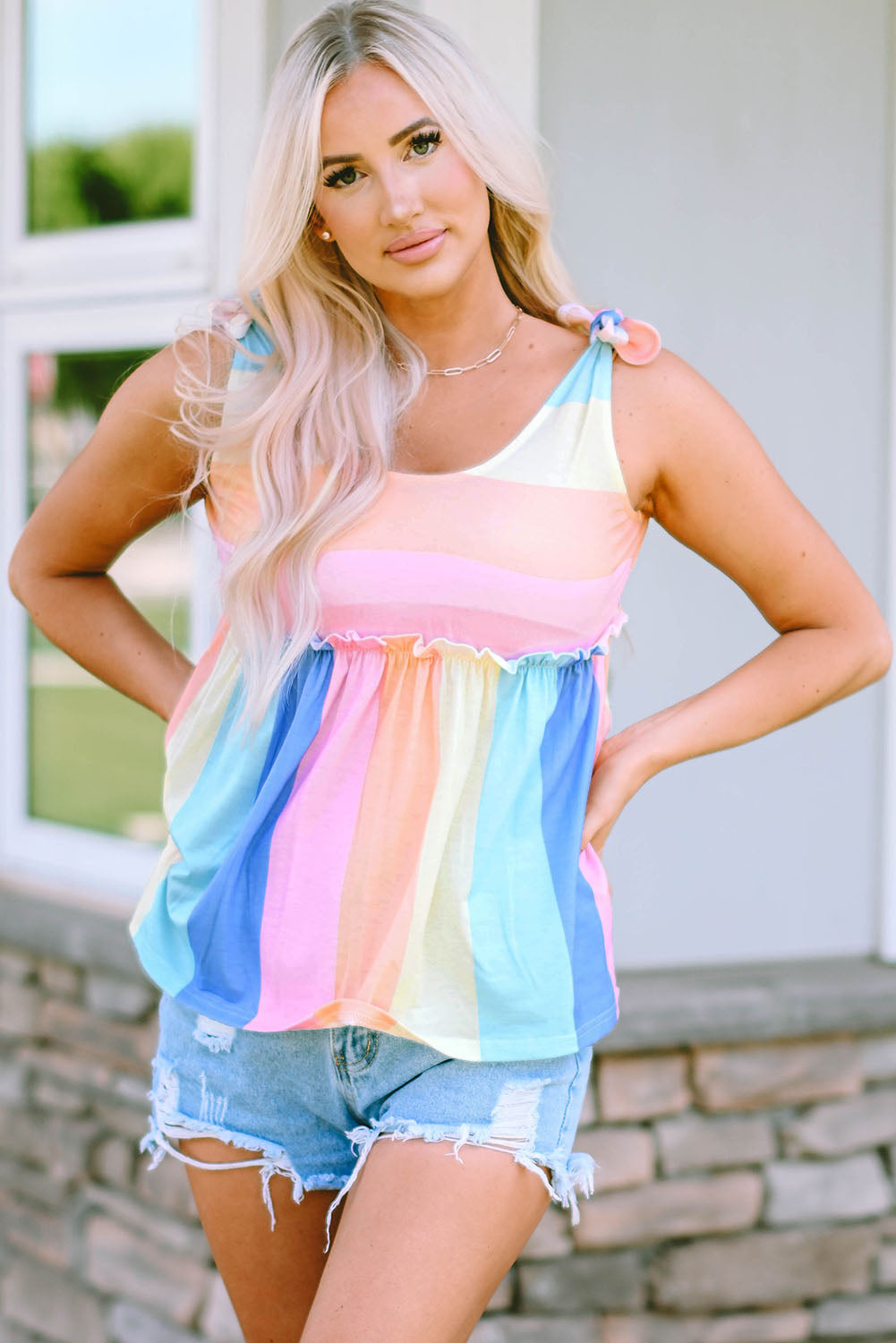 Multicolor Striped Print Tied Shoulder Flowy Tank Top