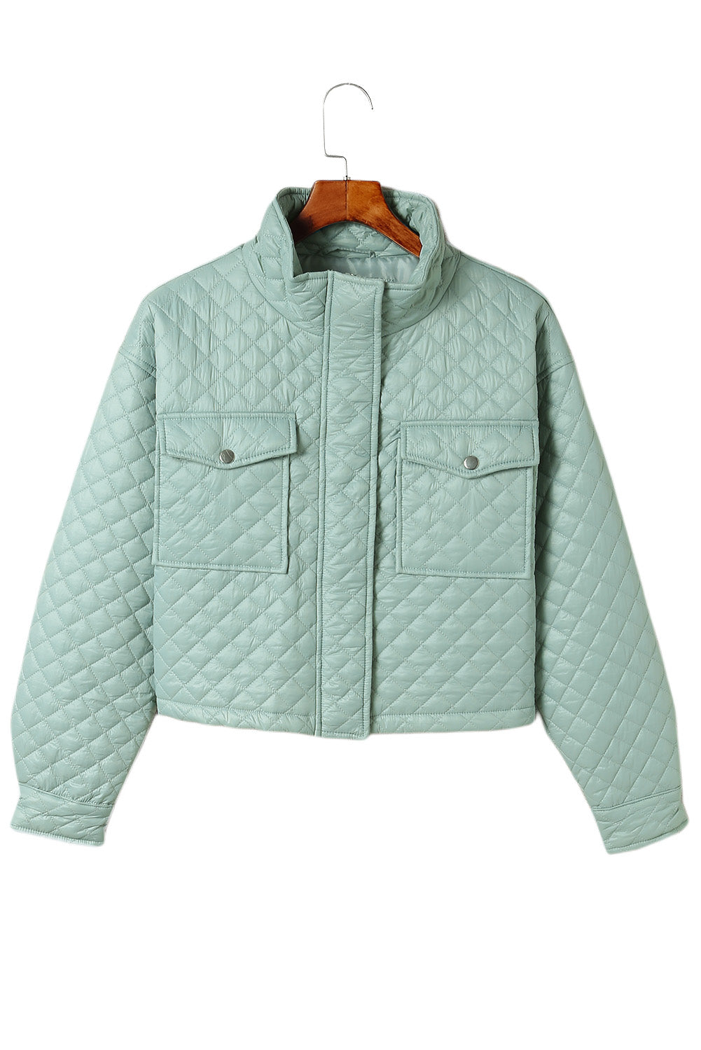 Green Quilted Pocketed Zip-up Cropped Jacket