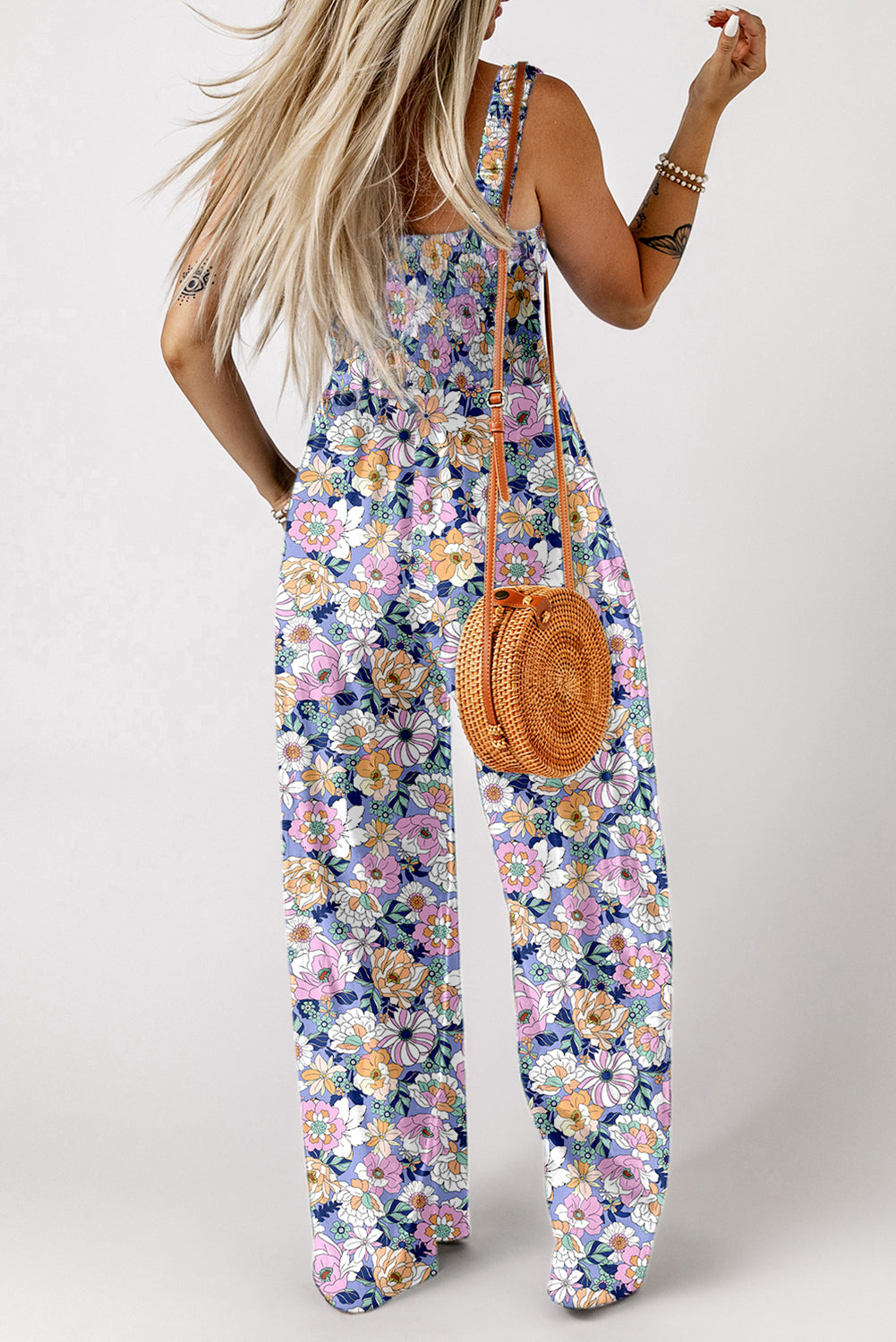 Green Floral Print Smocked High Waist Square Neck Jumpsuit