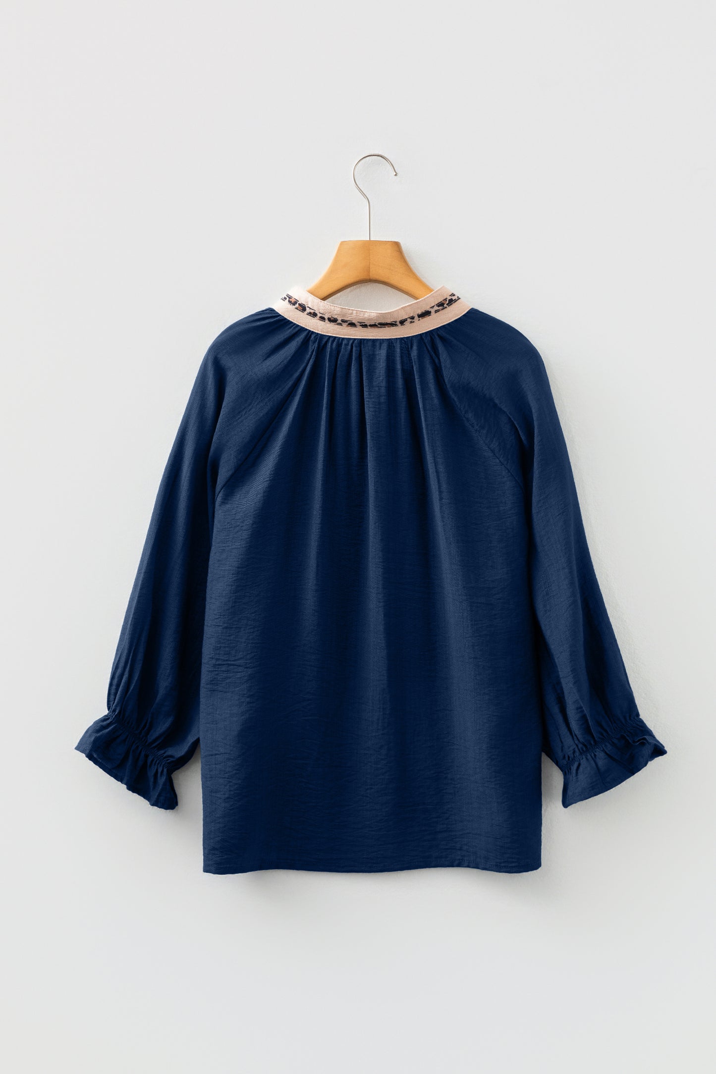 Violet Leopard Trim V Neck Flounced Bracelet Sleeve Blouse