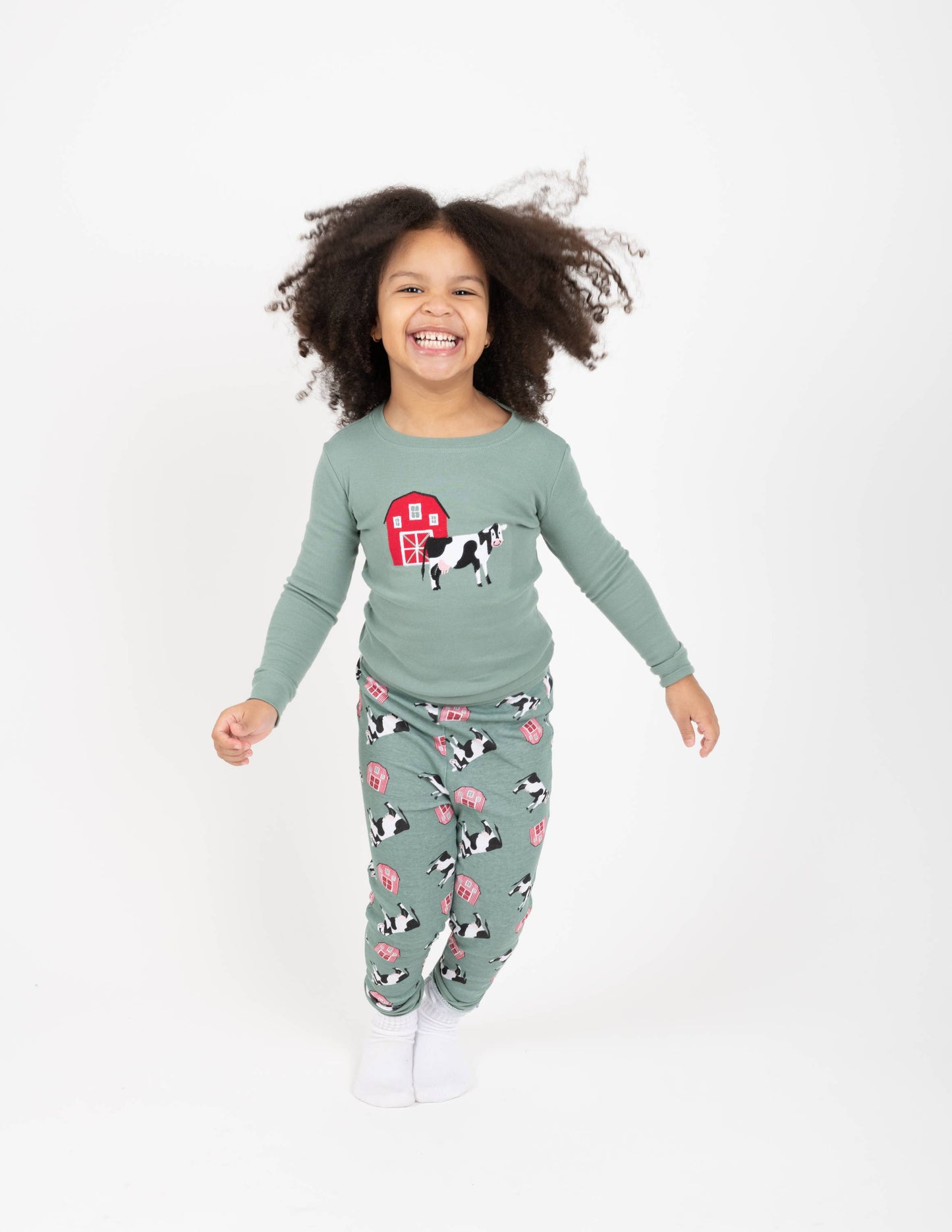 Kids Two Piece Cotton Pajamas Cow Green