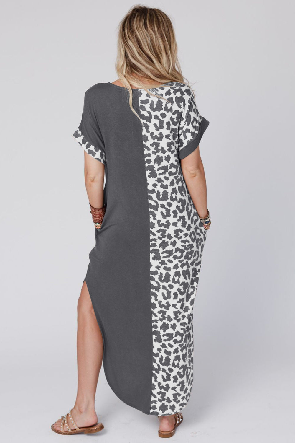 Black Contrast Solid Leopard Short Sleeve T-shirt Dress with Slits