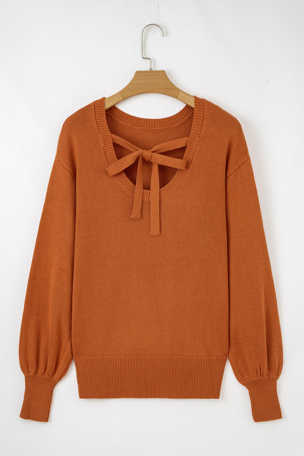Gold Flame Solid Color Ribbed Trim Drop Shoulder Sweater