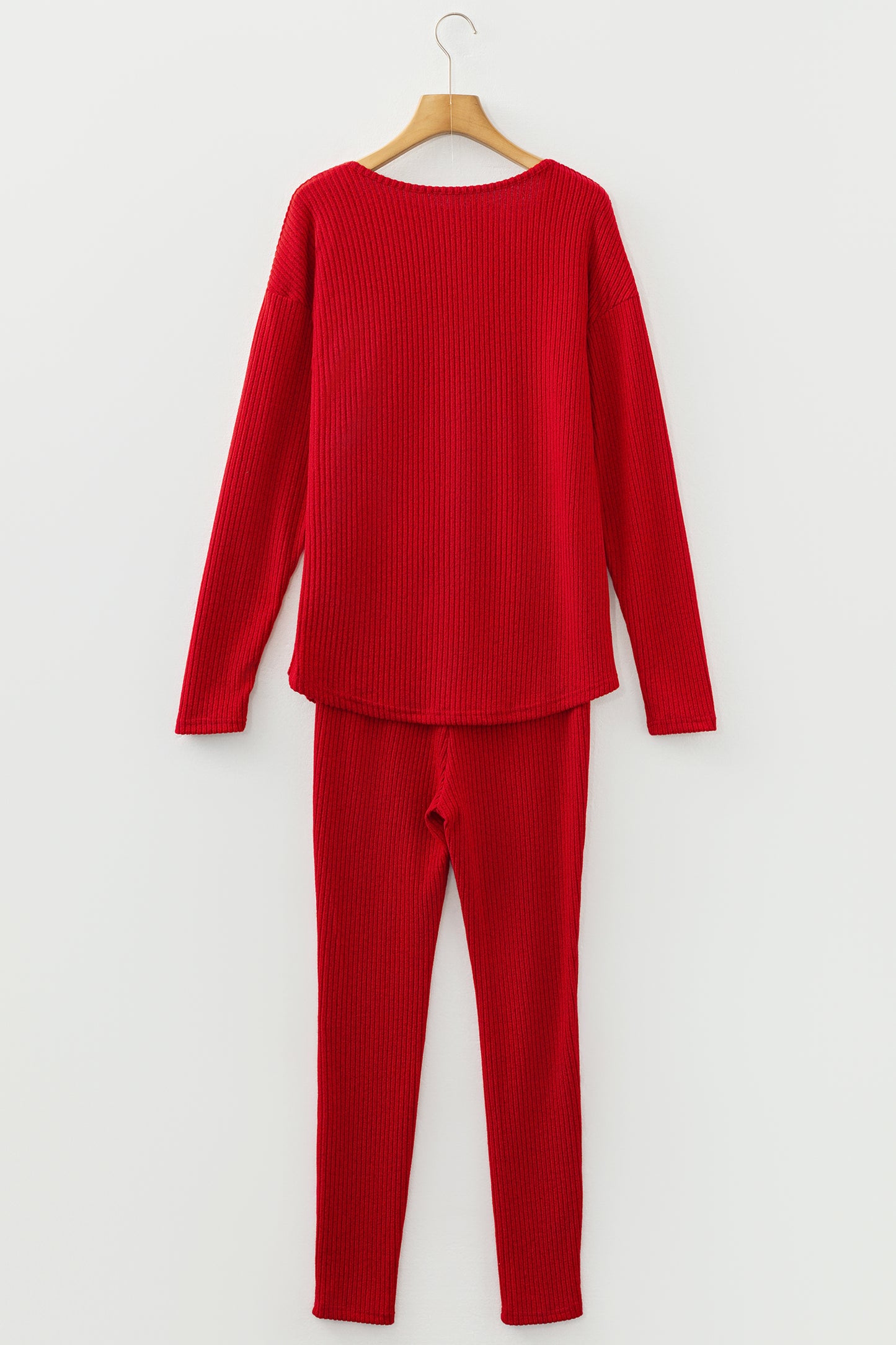 Racing Red Ribbed Notched Neck Knit Long Sleeve Leggings Two Pieces Lounge Set