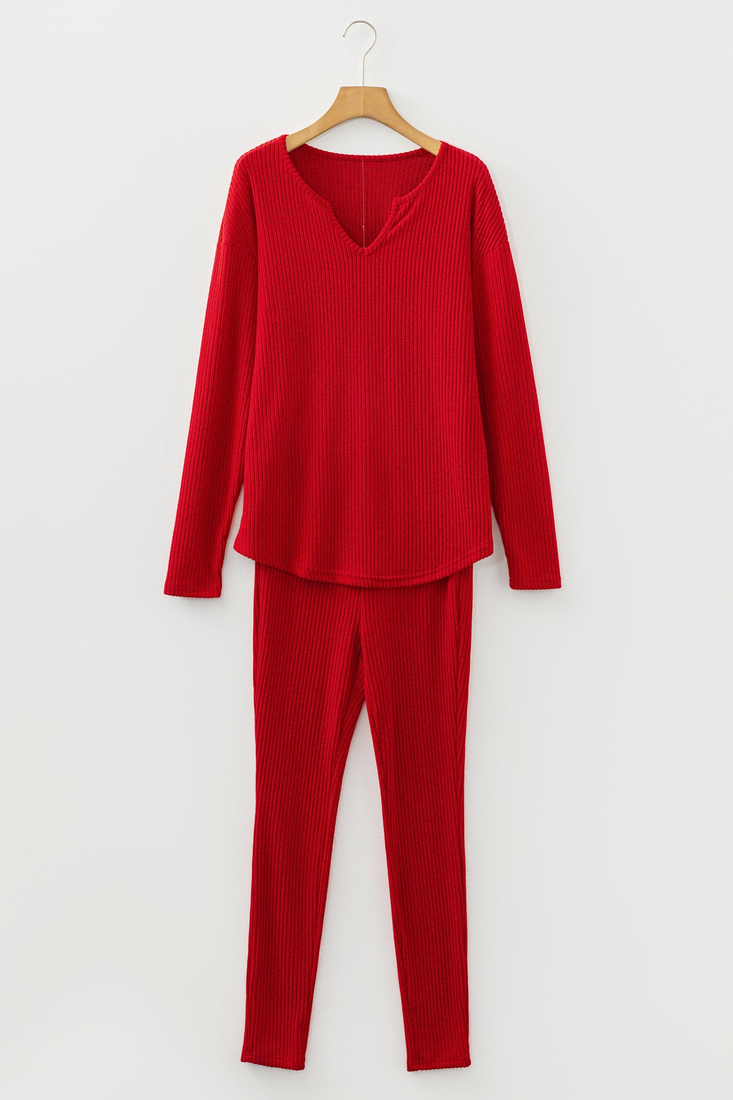 Racing Red Ribbed Notched Neck Knit Long Sleeve Leggings Two Pieces Lounge Set