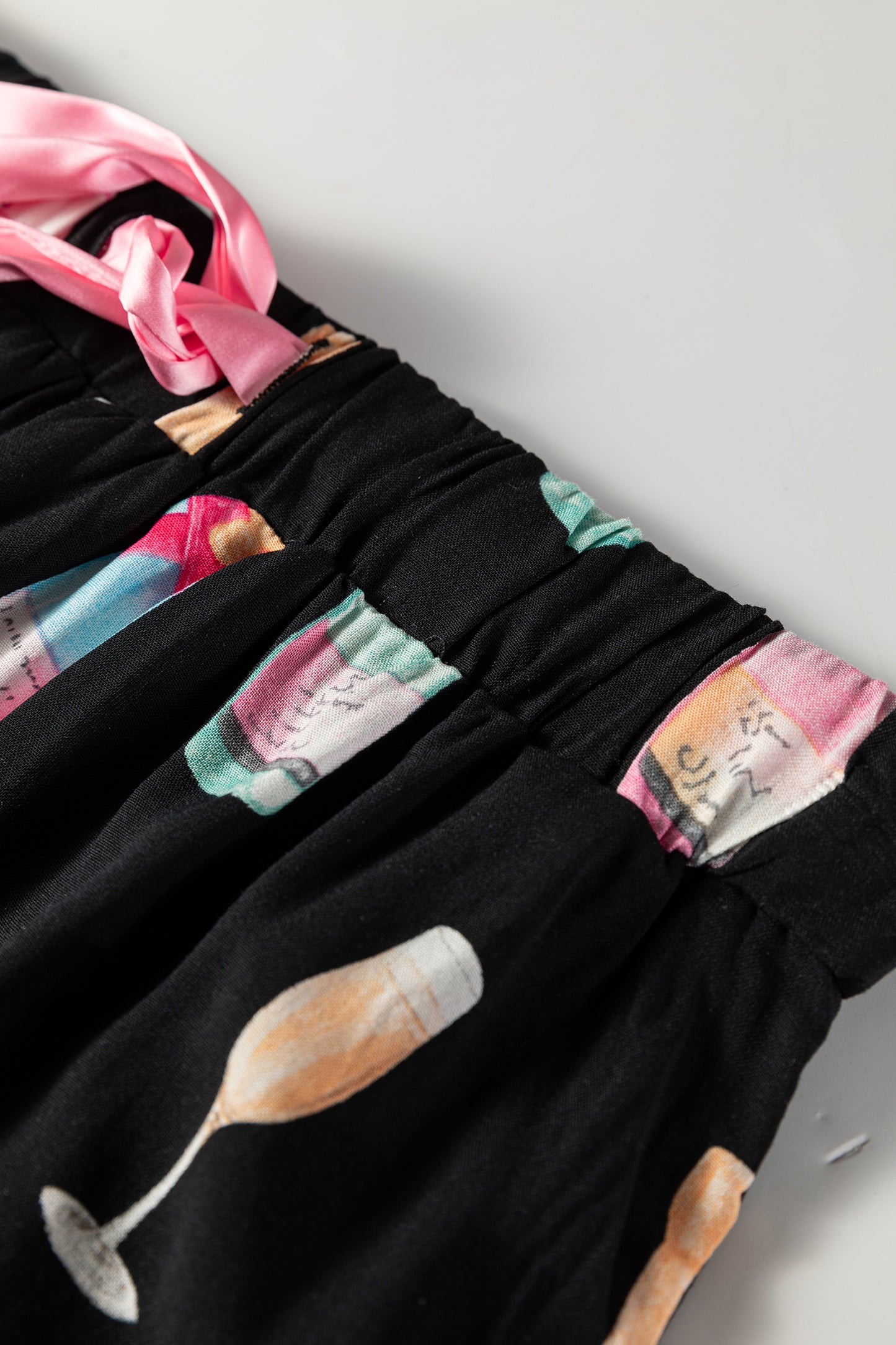 Color black Christmas Wine Glass Print Bow Knot Two Piece Pajama Set