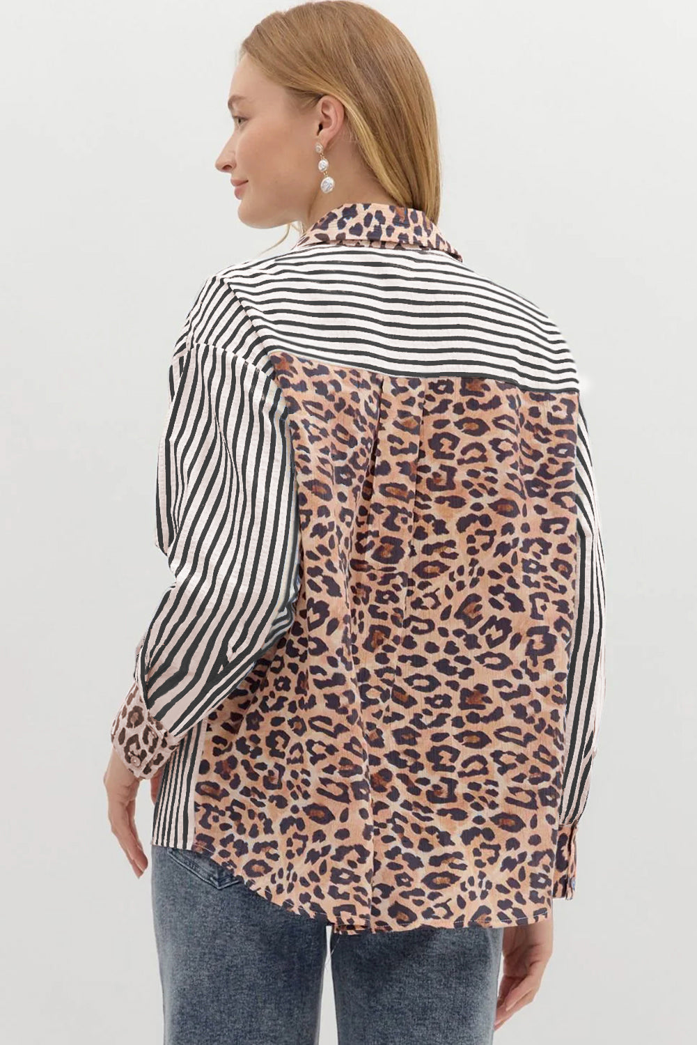 Racing Red Striped Leopard Print Patchwork Button Up Womens Shirt