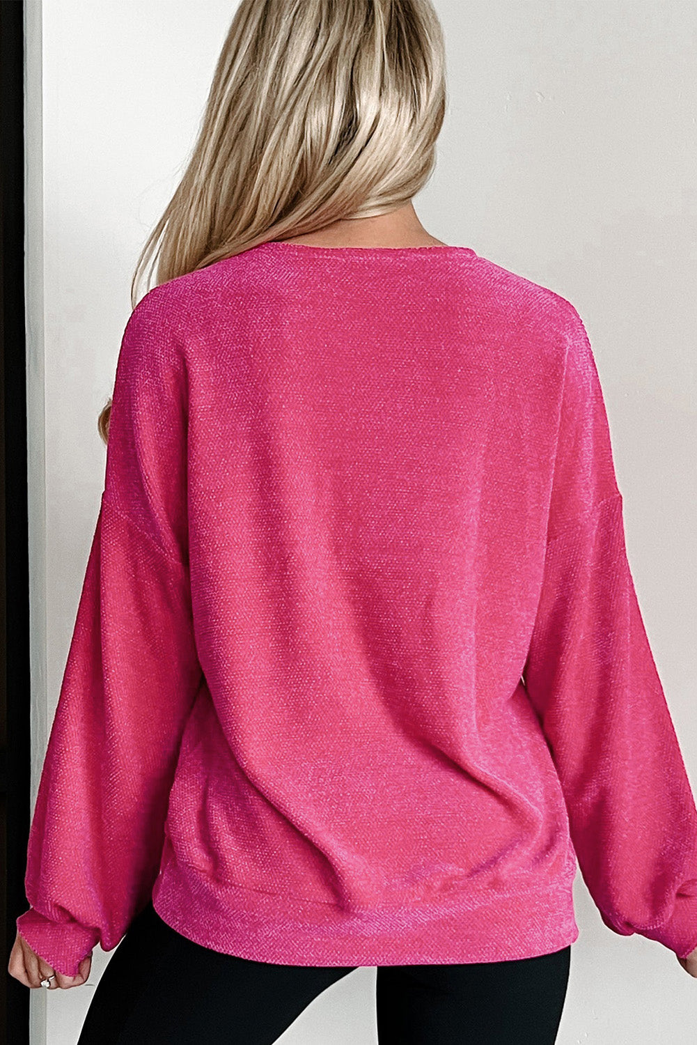 Rose Red Textured Long Sleeve V Neck Top