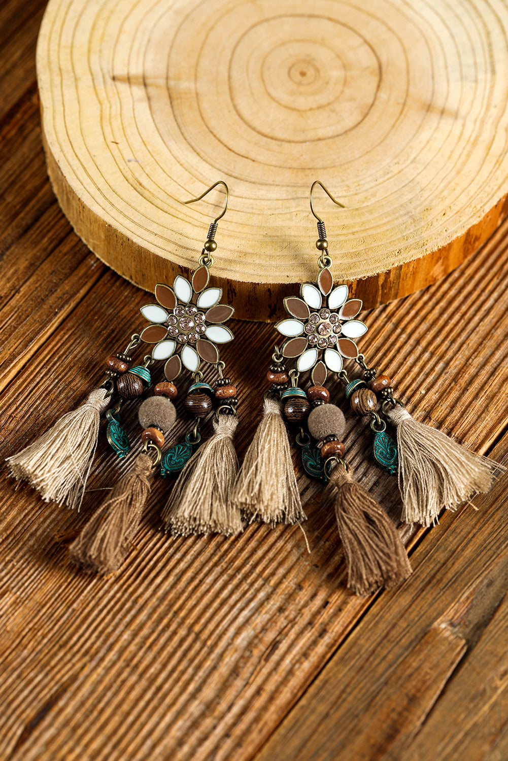 Chestnut Boho Bead Tassel Dangle Earrings