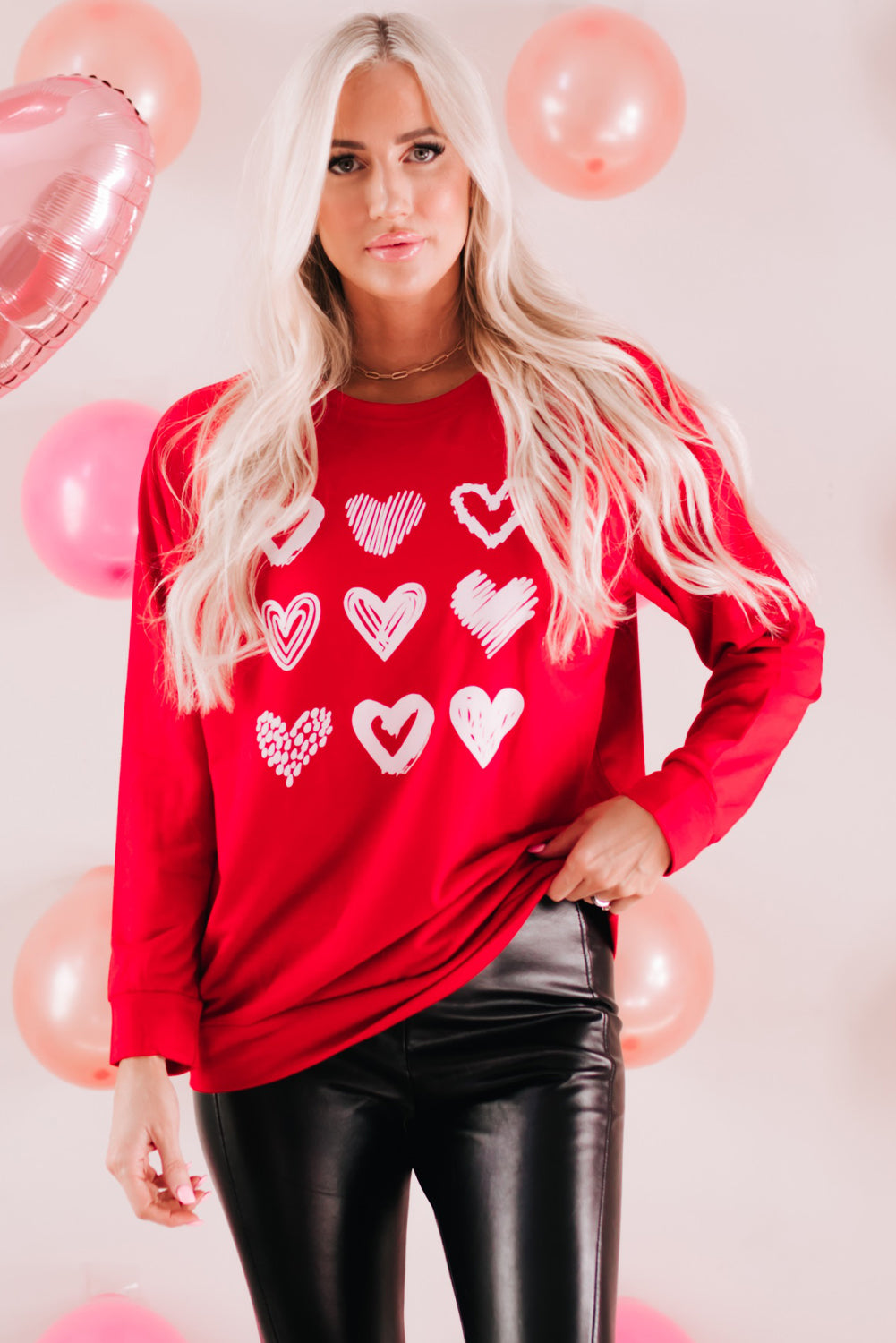 Fiery Red Hearts Print Crewneck Long Sleeve Sweatshirt