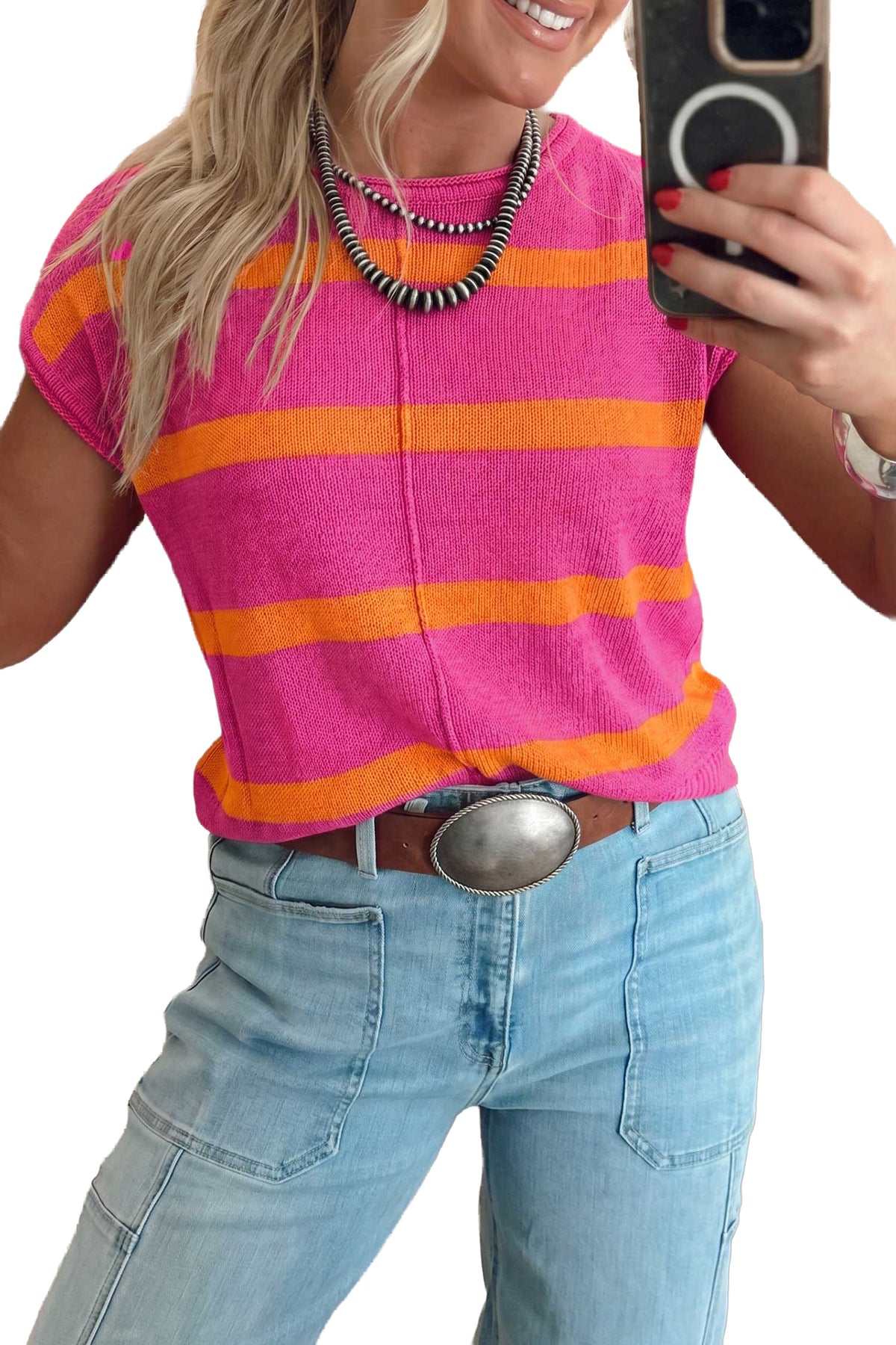 White Stripe Knit Western Short Sleeve Sweater