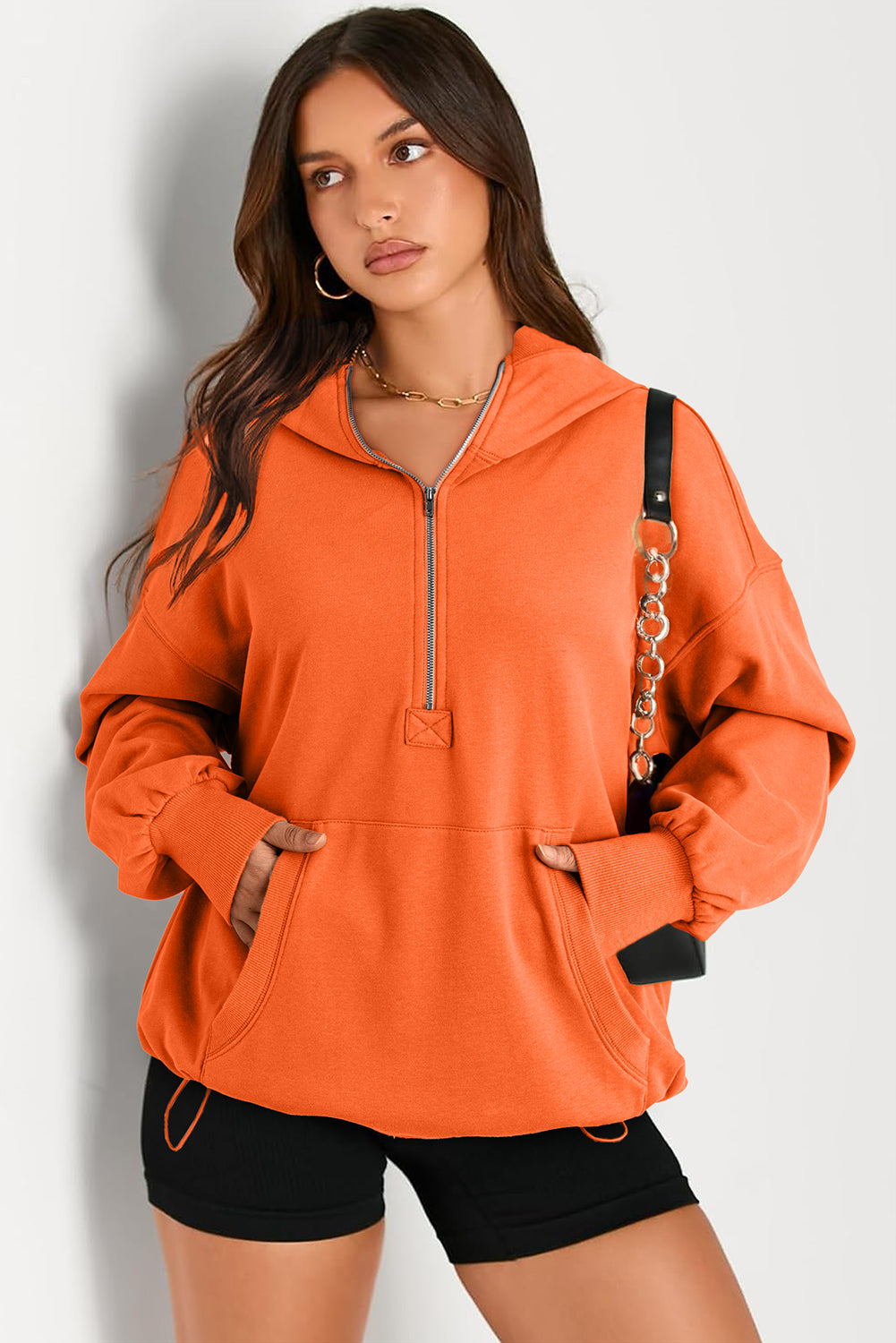 Bonbon Solid Kangaroo Pocket Half Zipper Oversized Hoodie