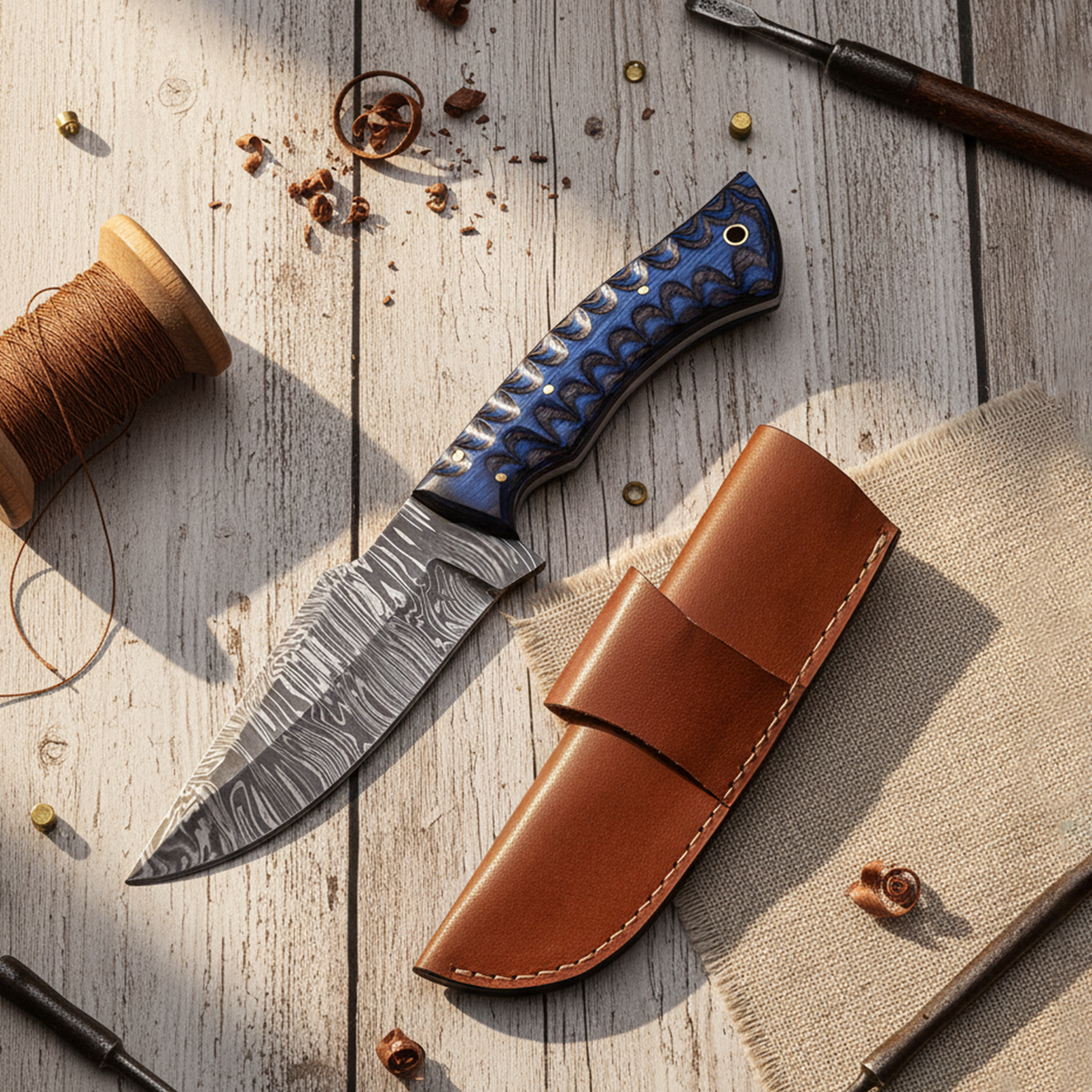 9.5' Grooved handle Damascus knife with leather sheath