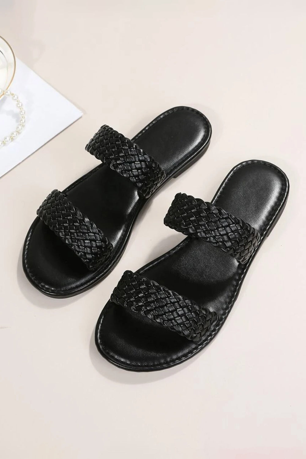 Black Braided Double Band Leathered Flat Slippers