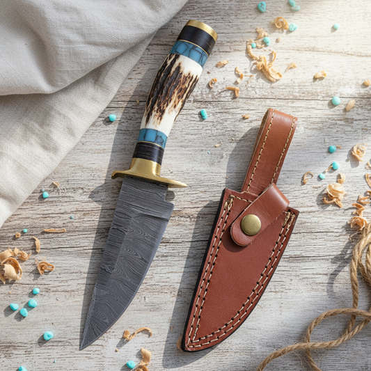 8' Damascus knife with leather sheath, Horn handle