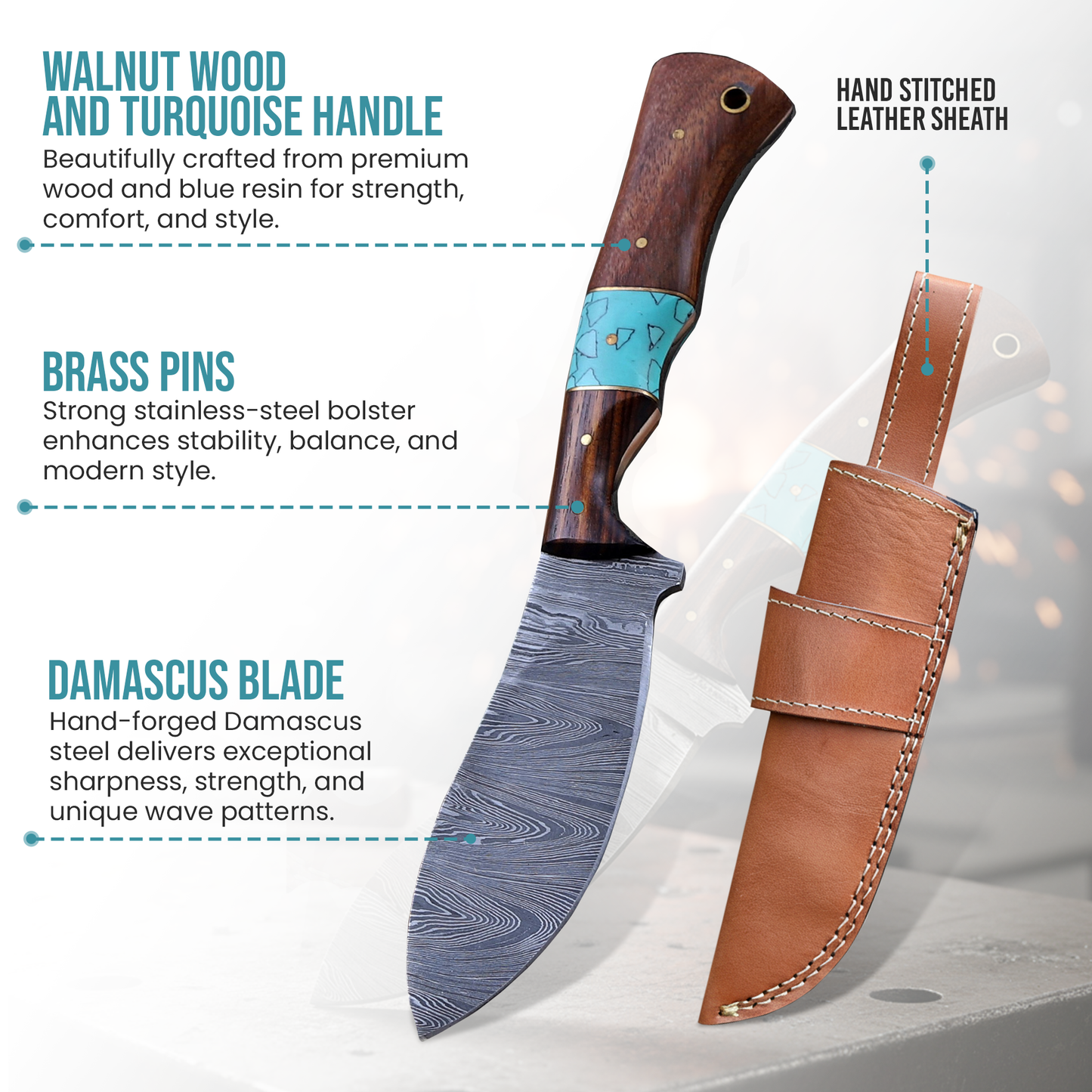 8.5' Handmade Damascus knife with leather sheath