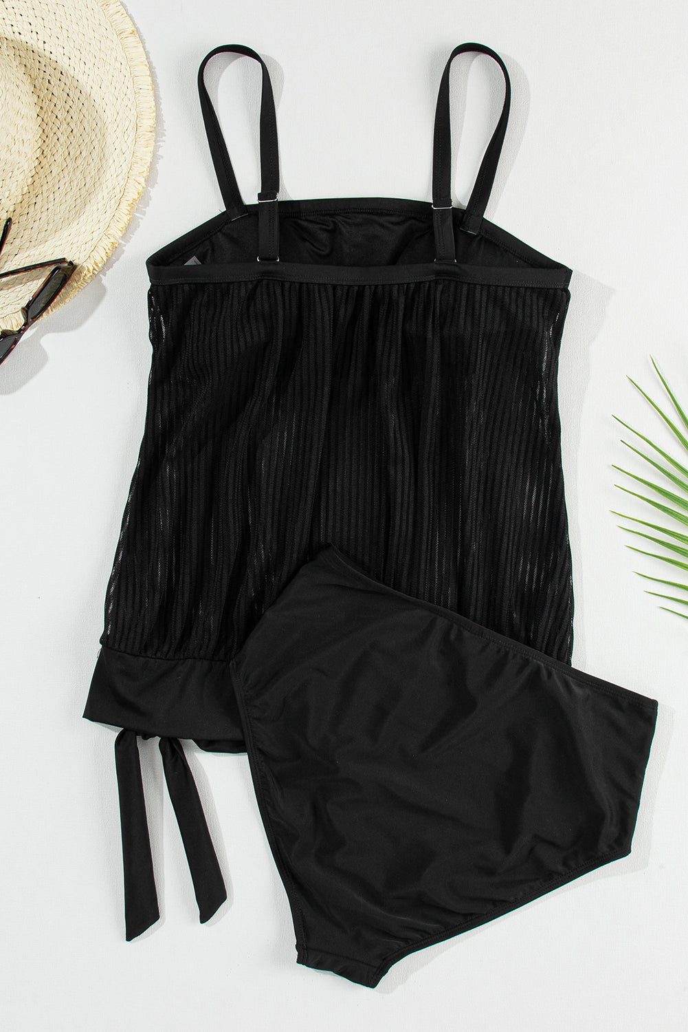 Pink Striped Mesh Knotted Hem Tankini Swimsuit