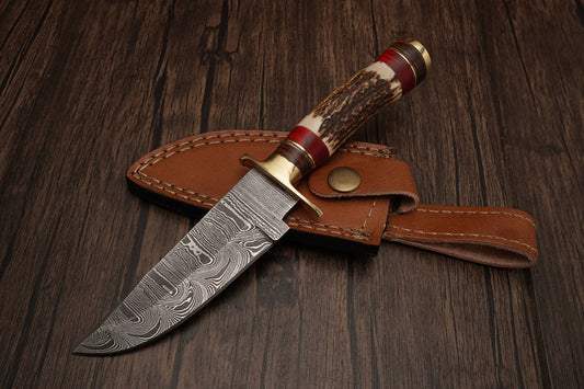 8' Damascus knife with leather sheath, Stag horn handle