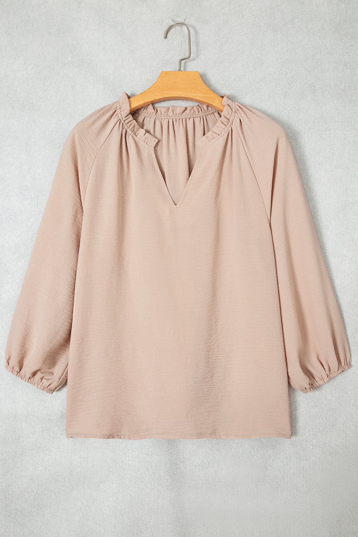 Parchment V Neck Gathered Cuff Three Quarter Sleeve Blouse