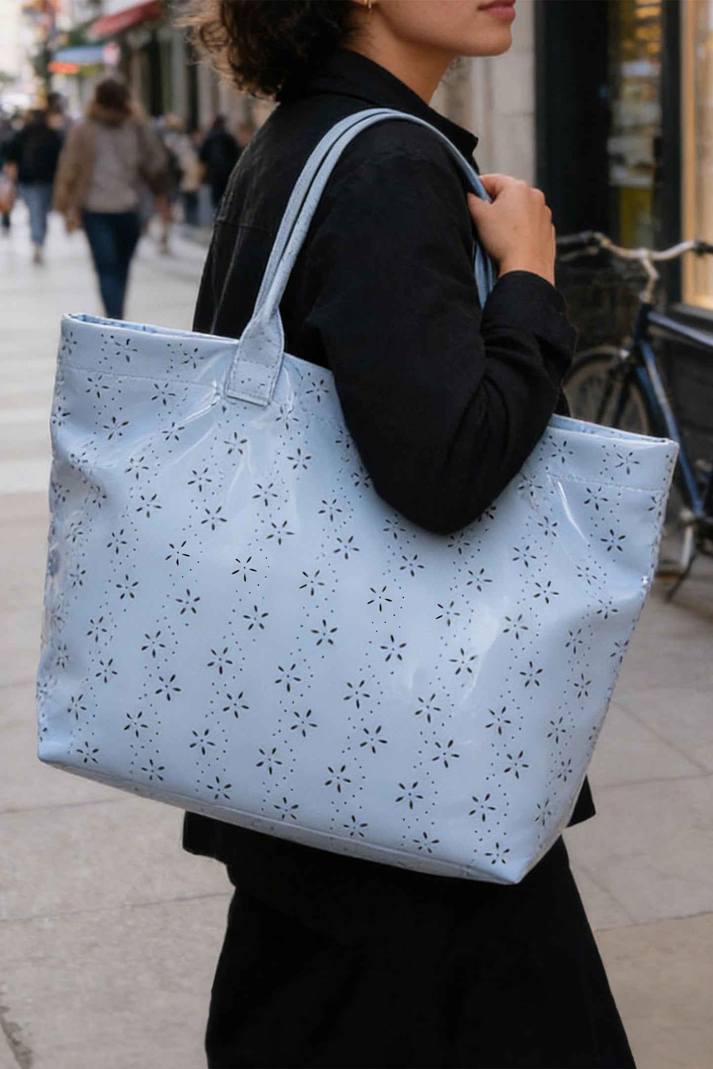 Color black Plaid Pattern PVC Glossy Waterproof Tote Bag