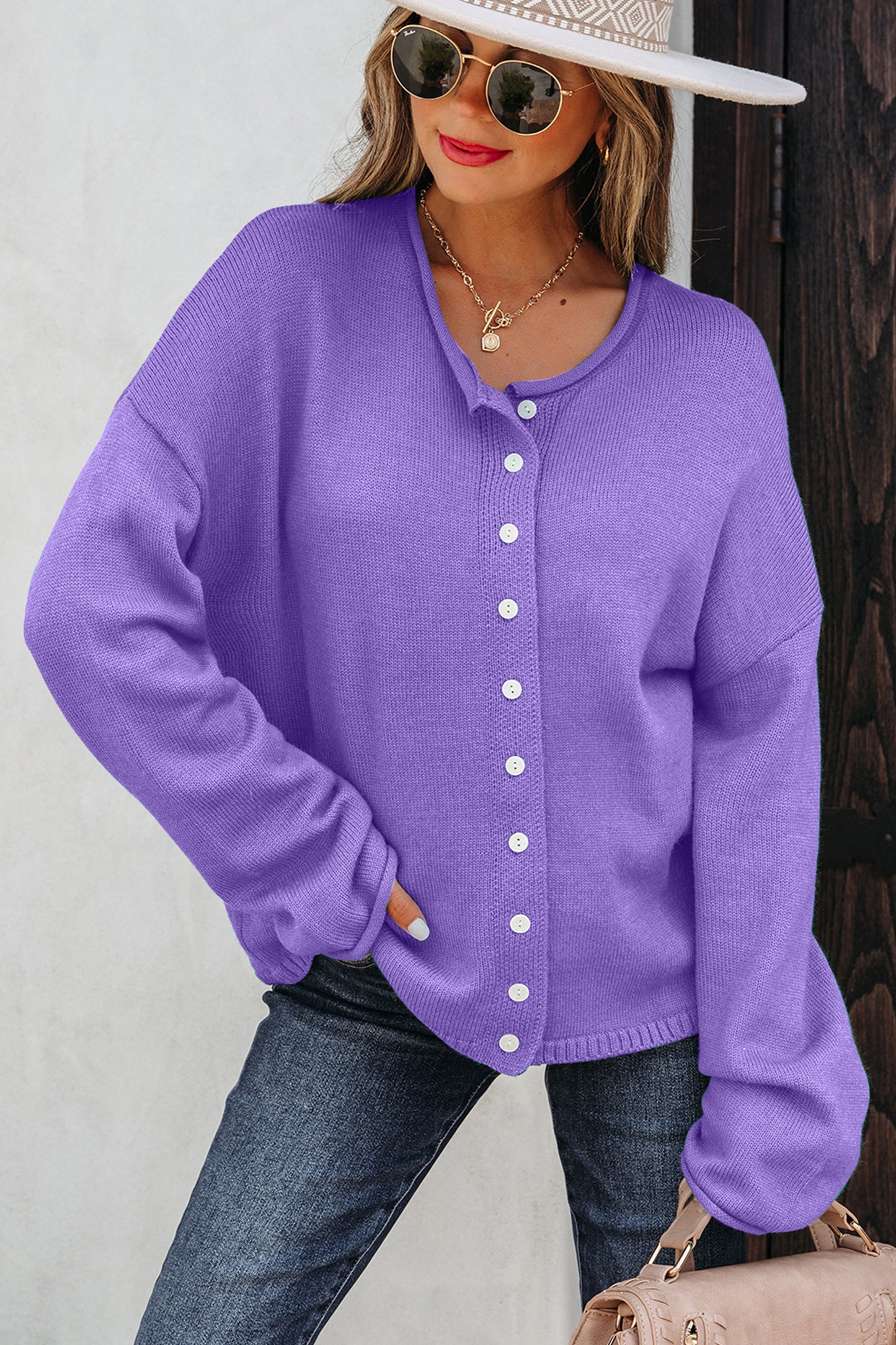 Bright Green Solid Color Knit Button Drop Shoulder Sweater Cardigan