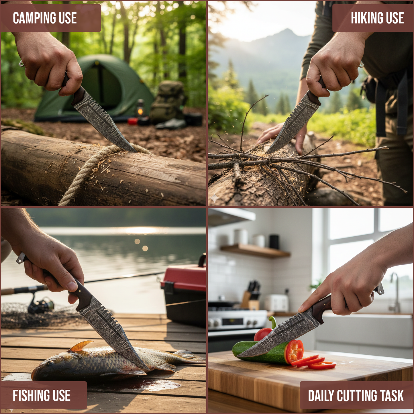 Handmade damascus steel knife with leather sheath