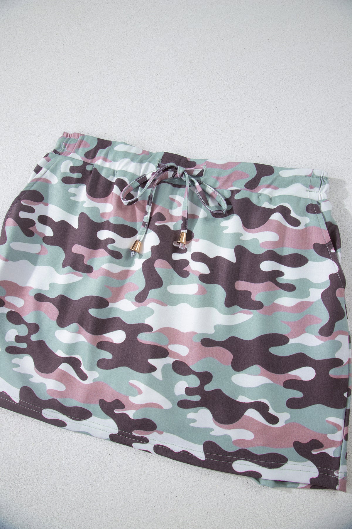 Green Camouflage Print Drawstring Casual Mini Skort