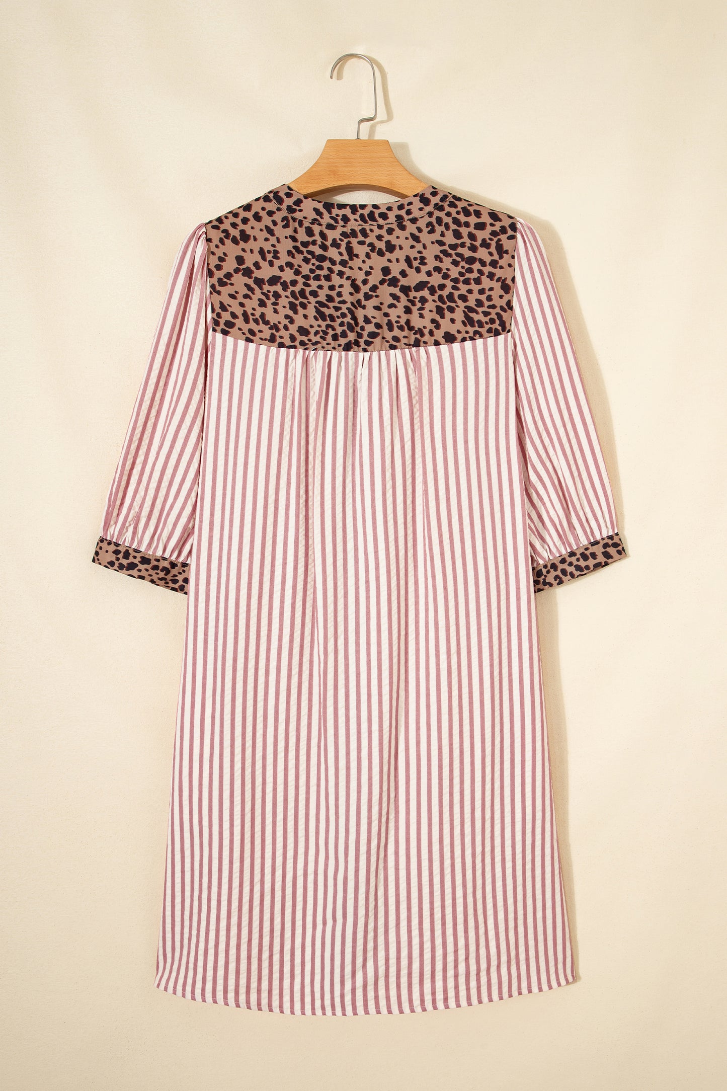 Khaki Stripe Square Button Leopard Trim Loose Bracelet Sleeve Shirt Dress