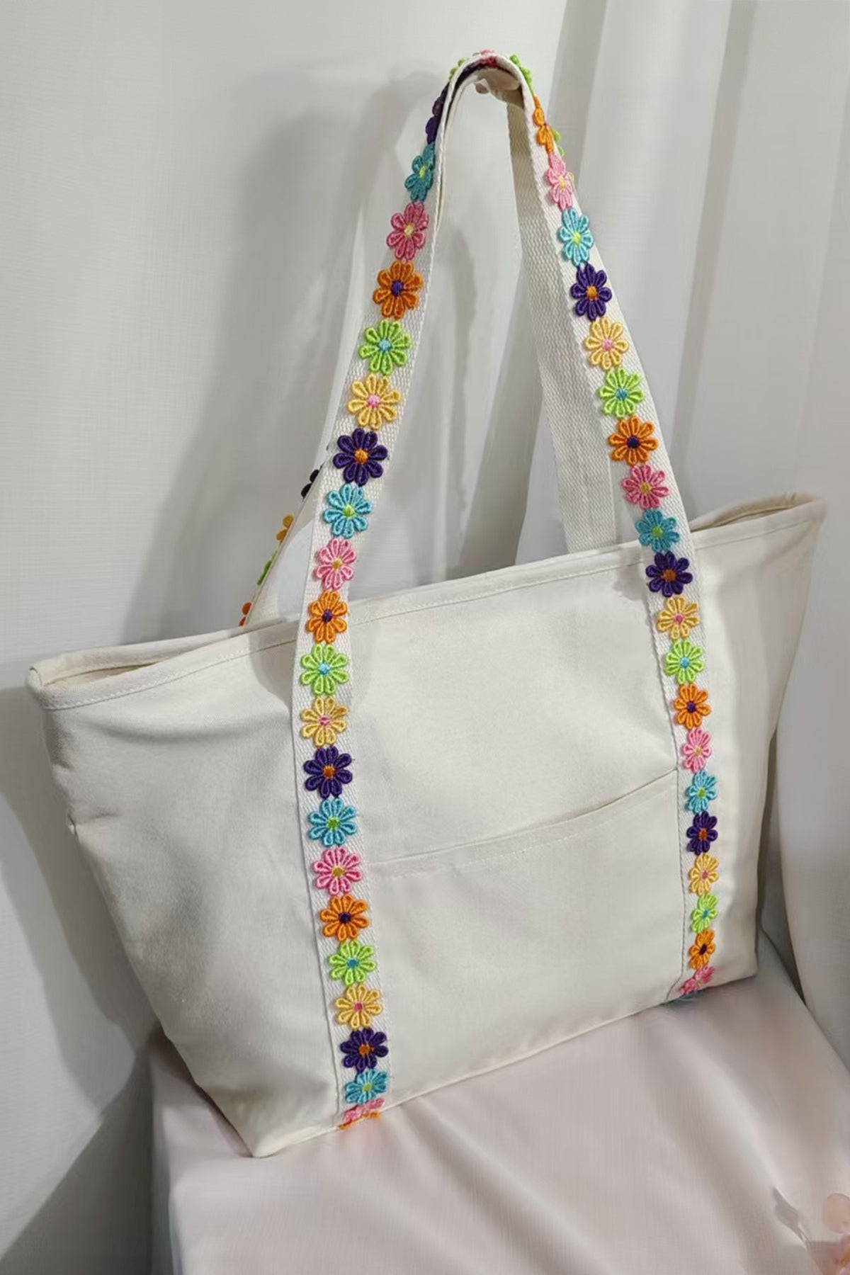White Canvas Tote Bag with Embroidered Floral Strap Detail