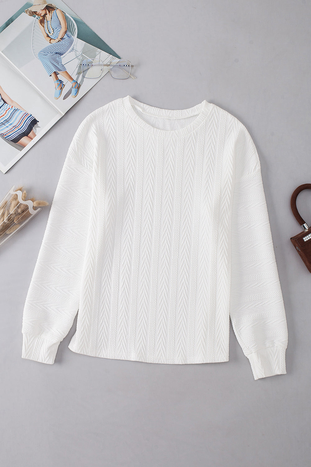 White Round Neck Drop Shoulder Textured Knit Top