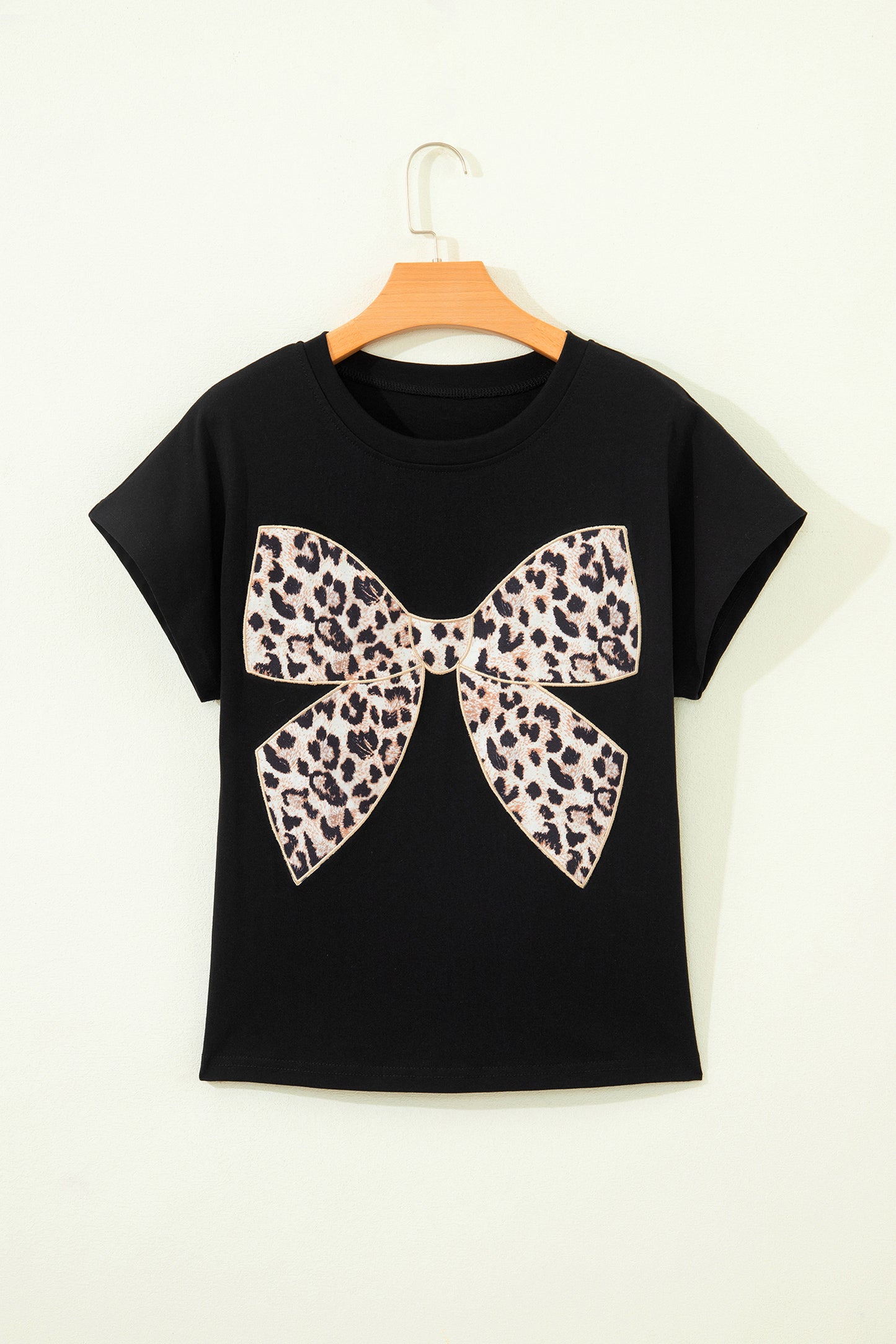 Pink Leopard Bow Embroidered Cotton Round Neck T Shirt