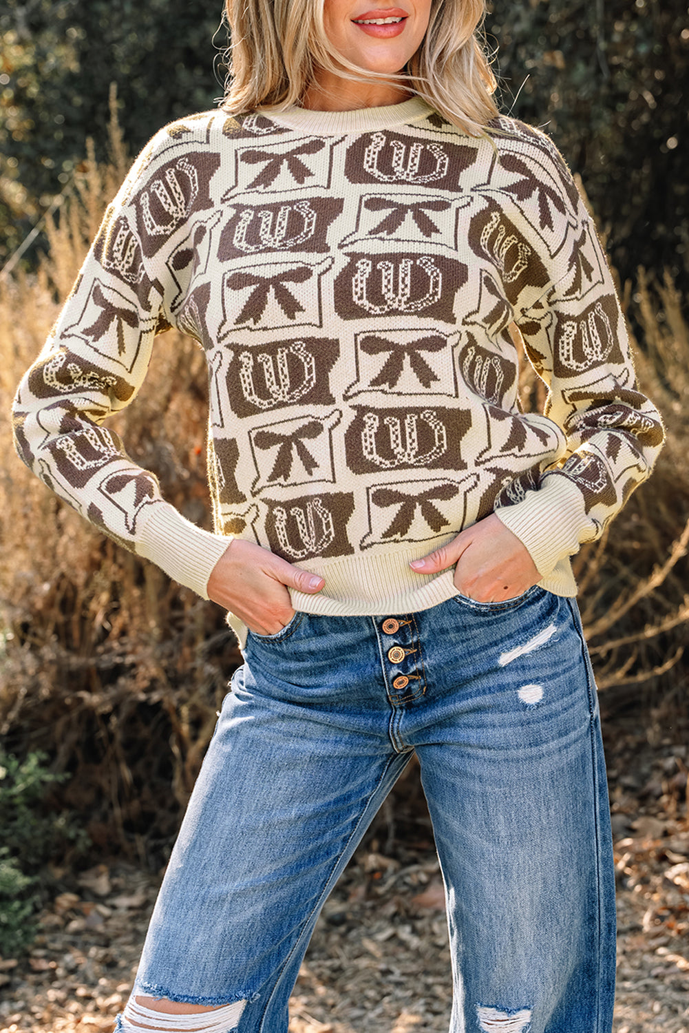 Pink Bows & Horseshoes Pattern Western Fashion Print Sweater