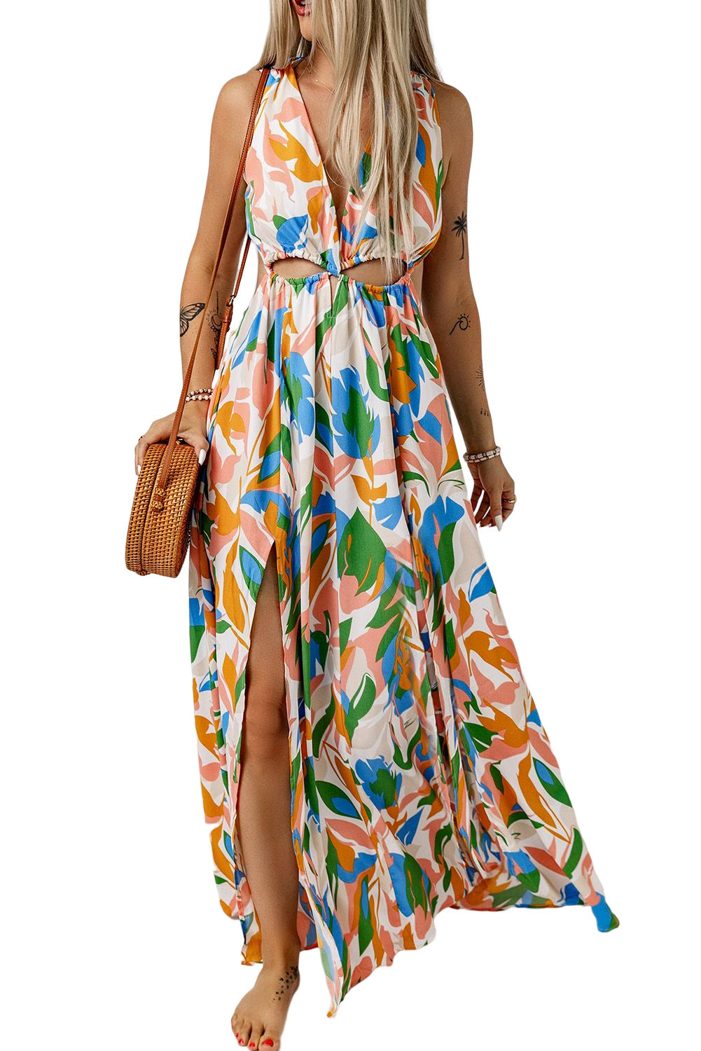 Multicolor Leaf Print Cut-out High Slit Maxi Dress