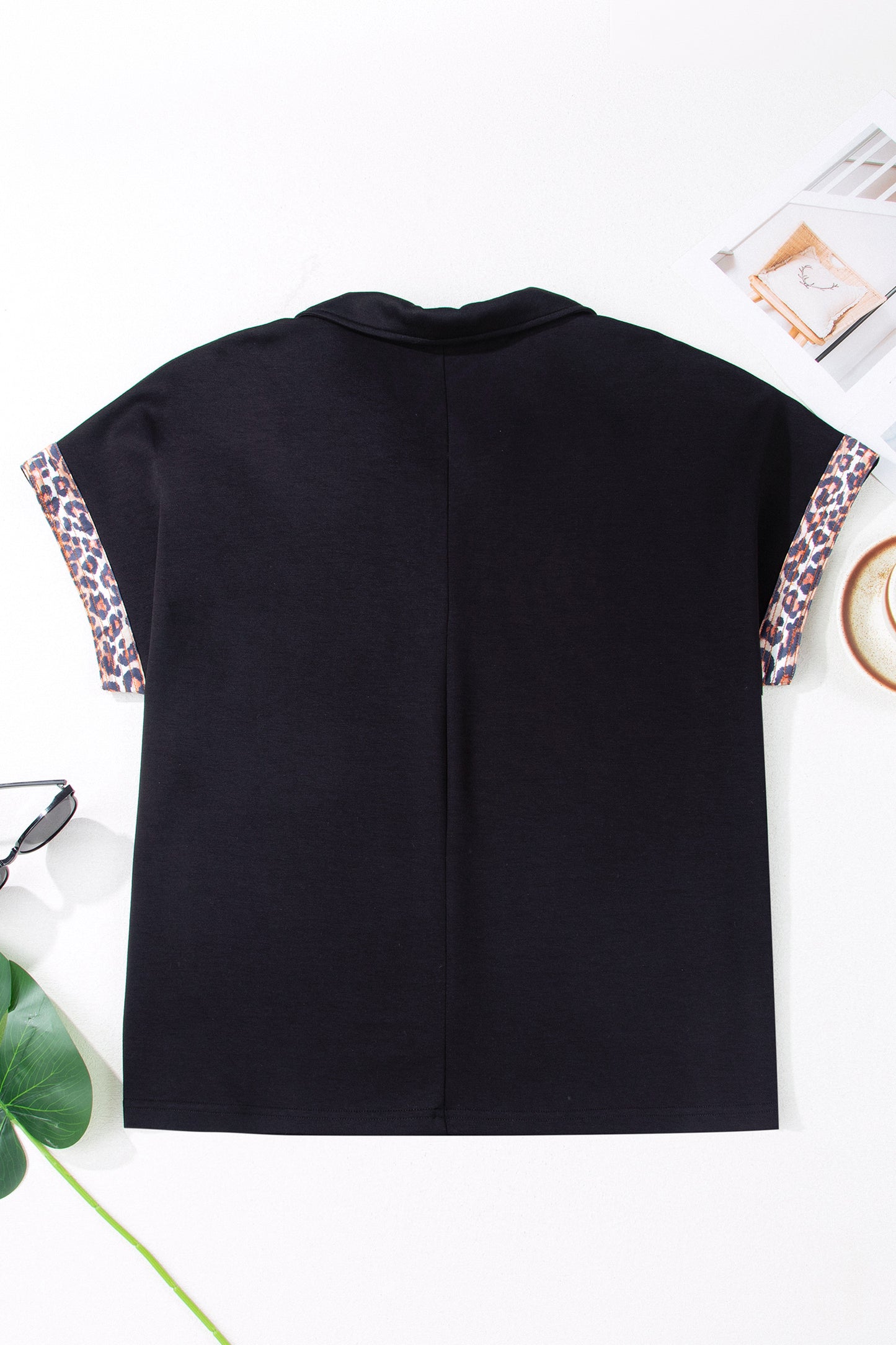 Black Plus Size Leopard Patchwork Half Zip Short Sleeve Top