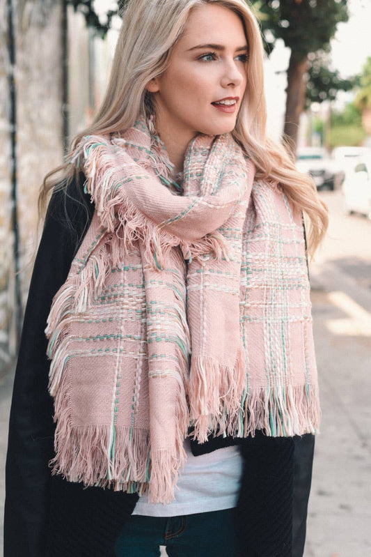 Pink Chunky Multi Colored Plaid Stitch Scarf