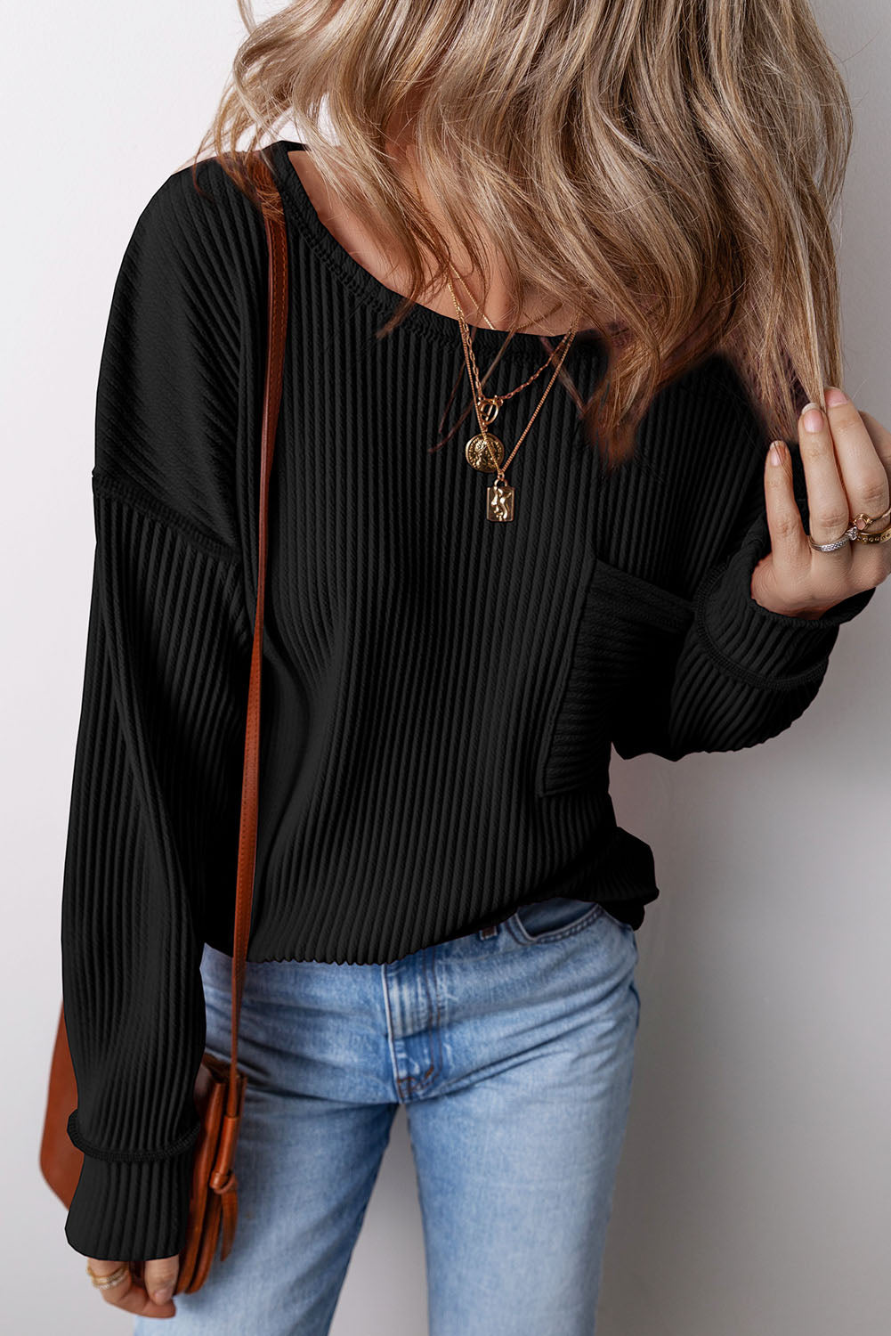 Apricot Solid Color Corded Drop Shoulder Long Sleeve Top