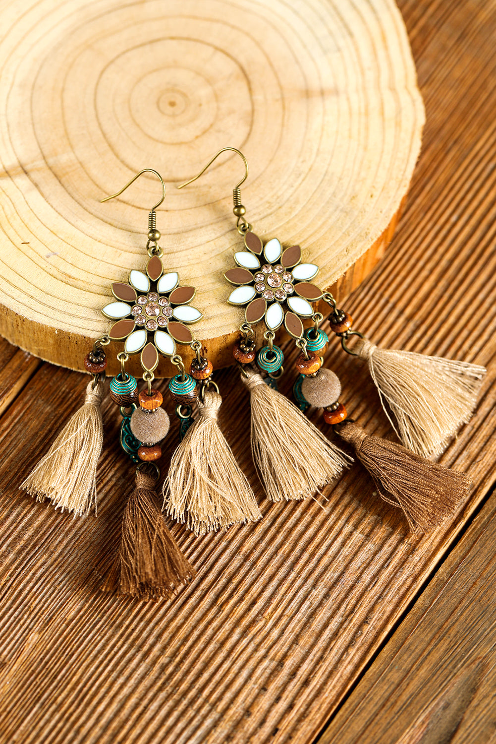 Chestnut Boho Bead Tassel Dangle Earrings