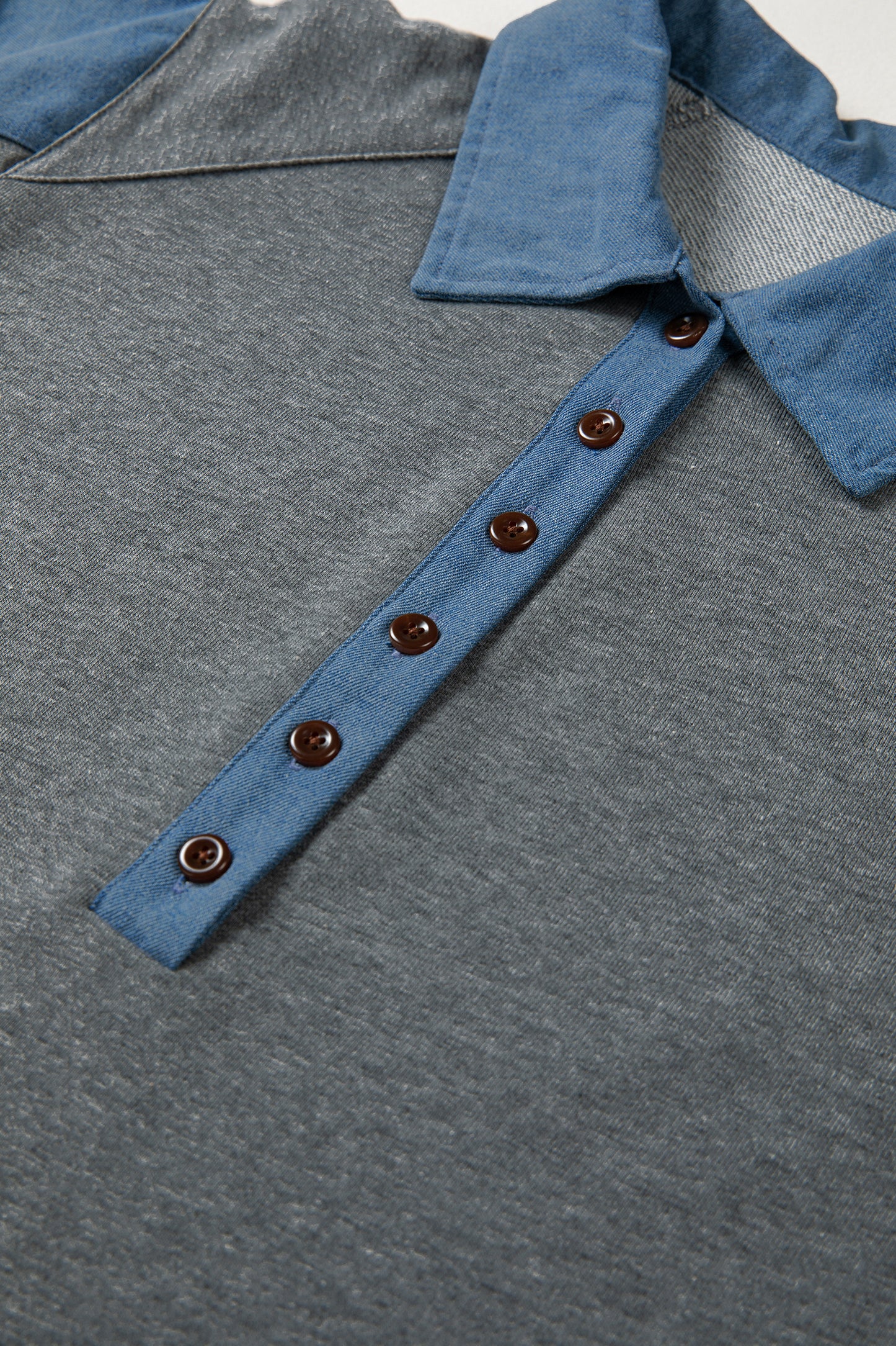 Light Grey Denim Color Block Patchwork Shirt Collar Short Sleeve Blouse