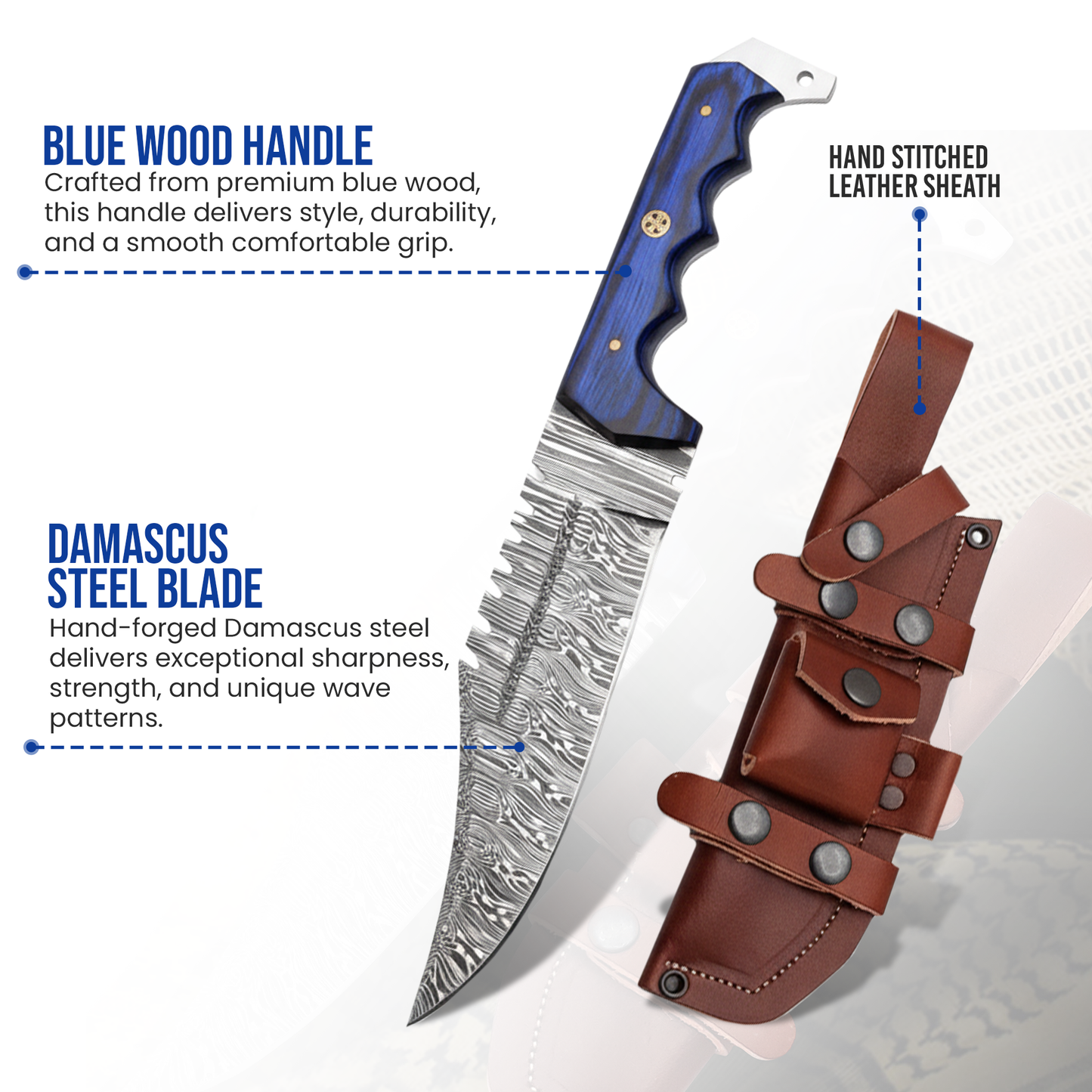 12' Handmade damascus steel knife with leather sheath