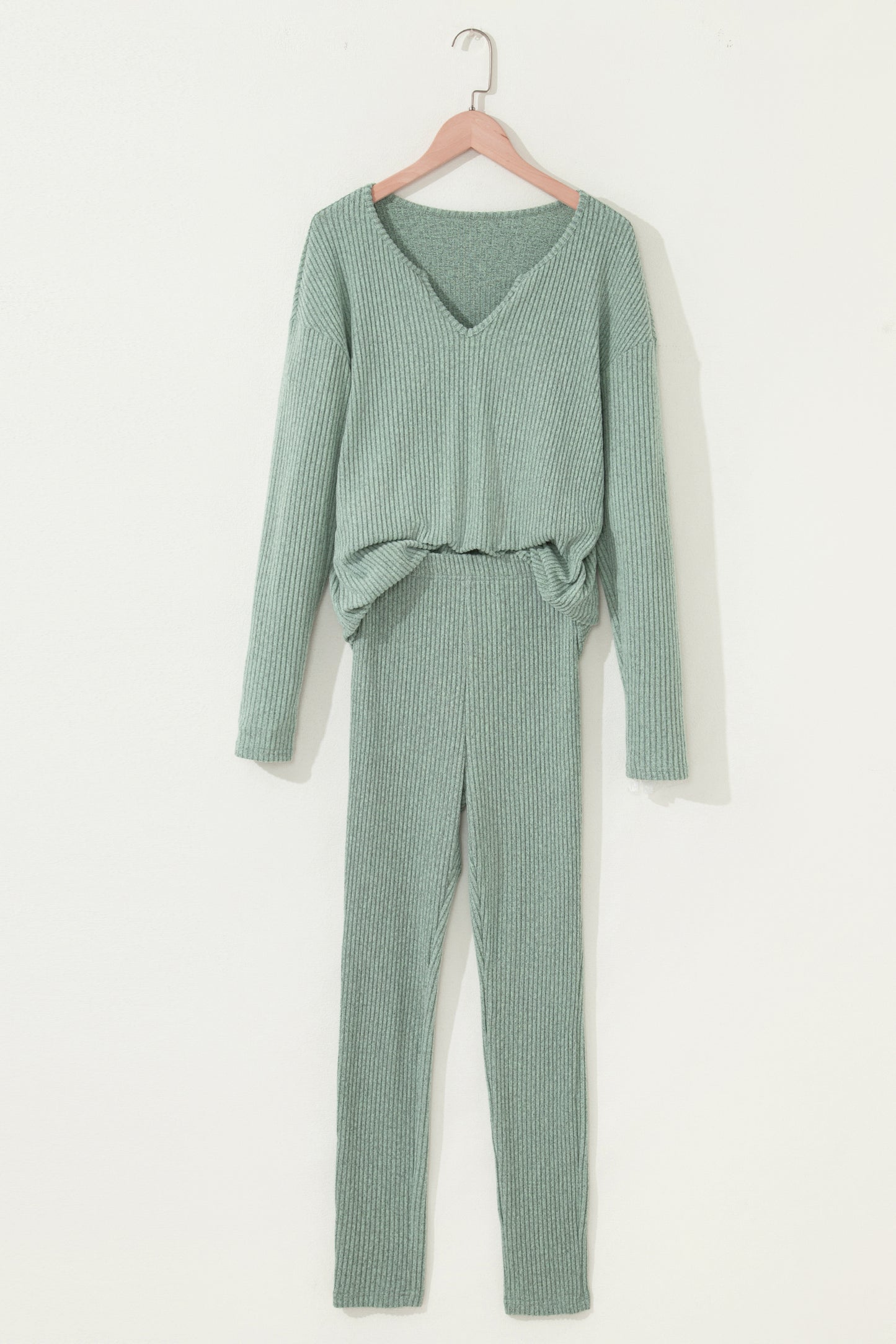 Racing Red Ribbed Notched Neck Knit Long Sleeve Leggings Two Pieces Lounge Set